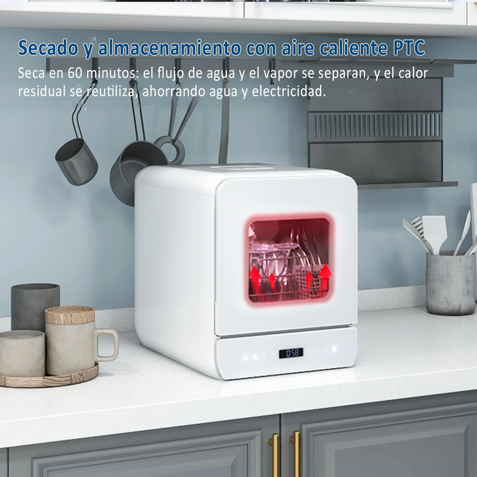 YU YUSING Lavavajillas de Encimera 45 cm 4.8 L con 7 Programas 5 Juegos, Mini Lavavajillas Pequeño con 2 Suministro Agua, Portátil, Control Táctil, Pantalla LED para Casa Oficina Camping, Blanco