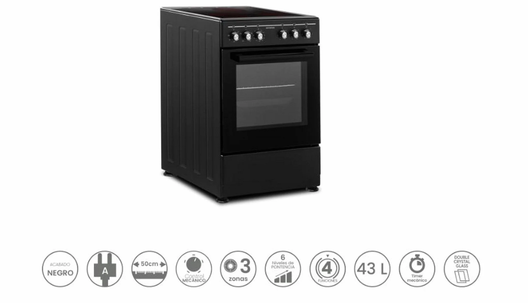 INFINITON Cocina con Horno CC-B550V3, Vitroceramica 3 Zonas, Horno Electrico 43 L, 6 Niveles de Potencia, Grill, Doble Acristalamiento, A, Negro
