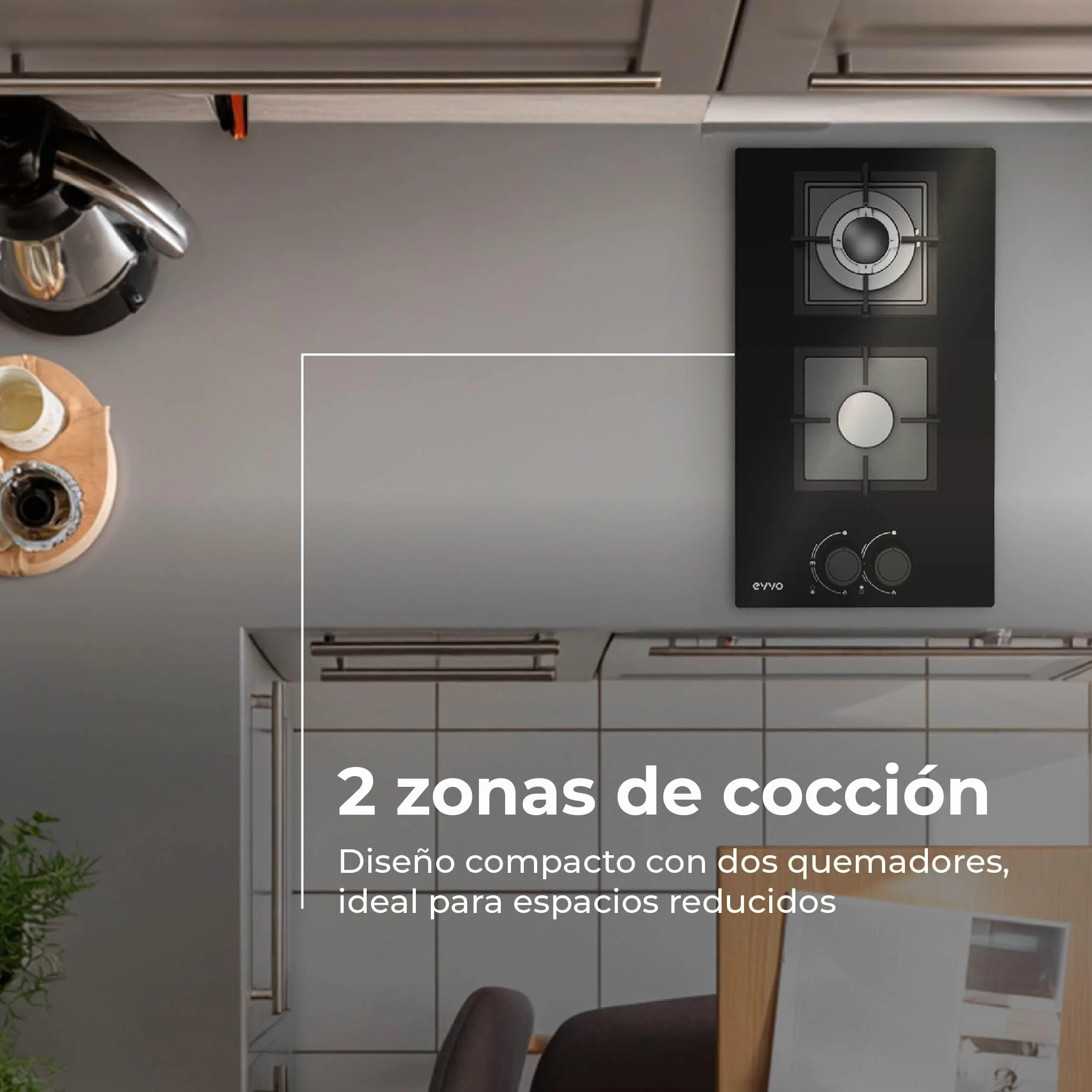 Placa de Gas EVVO V35 Glass, 2 Quemadores (Wok + Semirrápido), 3,6 kW, Cristal Templado Negro, Encendido Eléctrico, Compatible Gas Natural y Butano