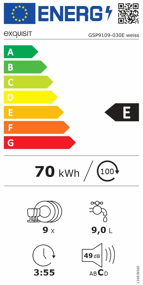 Exquisit® Lavavajillas 45Cm, Clase E, Color Blanco, 9 Servicios, 6 Programas, Cesto Regulable, Funciones Extra Seco y Media Carga, Interior Inox, Consumo 70 kWh/año, Medidas 84,5x44,8x60 Cm.