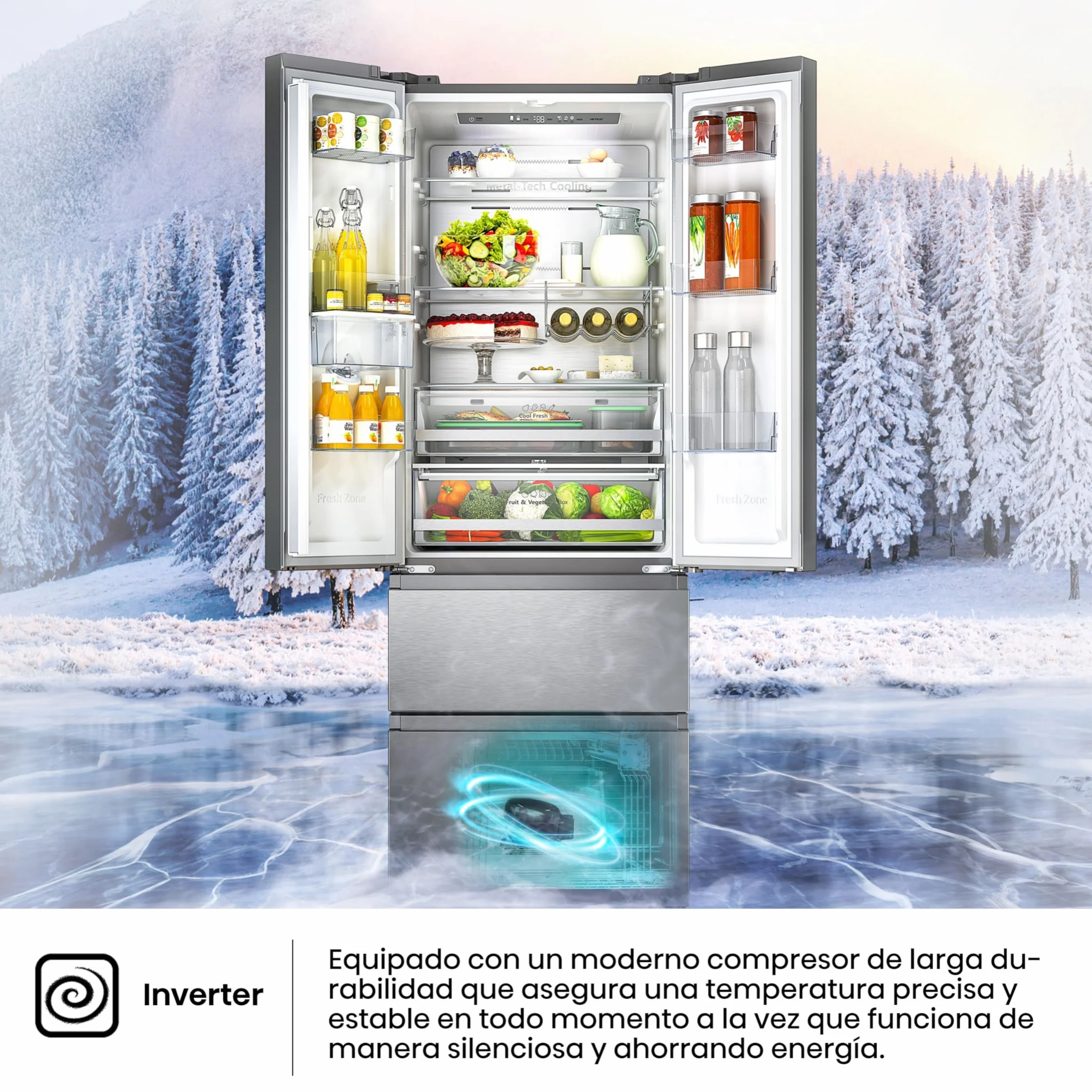 Hisense RF632N4WIE - Frigorífico Combi No Frost Inox Puerta Francesa, Con dispensador, No Frost, 2 Metros,Cajón, 337Litros, Sistema de flujo de aire, Acabado Inox, 485 litros