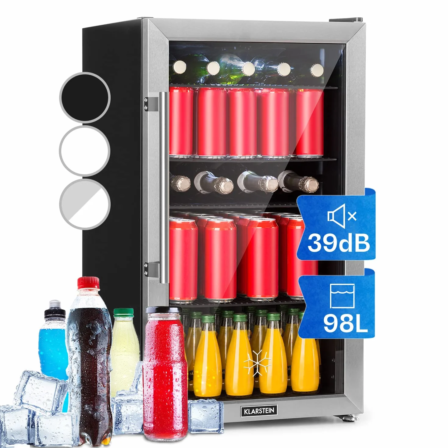 KLARSTEIN Nevera Pequeña Puerta Cristal Habitaciones, Nevera Portatil Electrica, Mini Nevera Pequeña para Bebidas, Frigorificos Pequeños 98L, Mini Frigorifico con Estantes, Neveras Pequeñas
