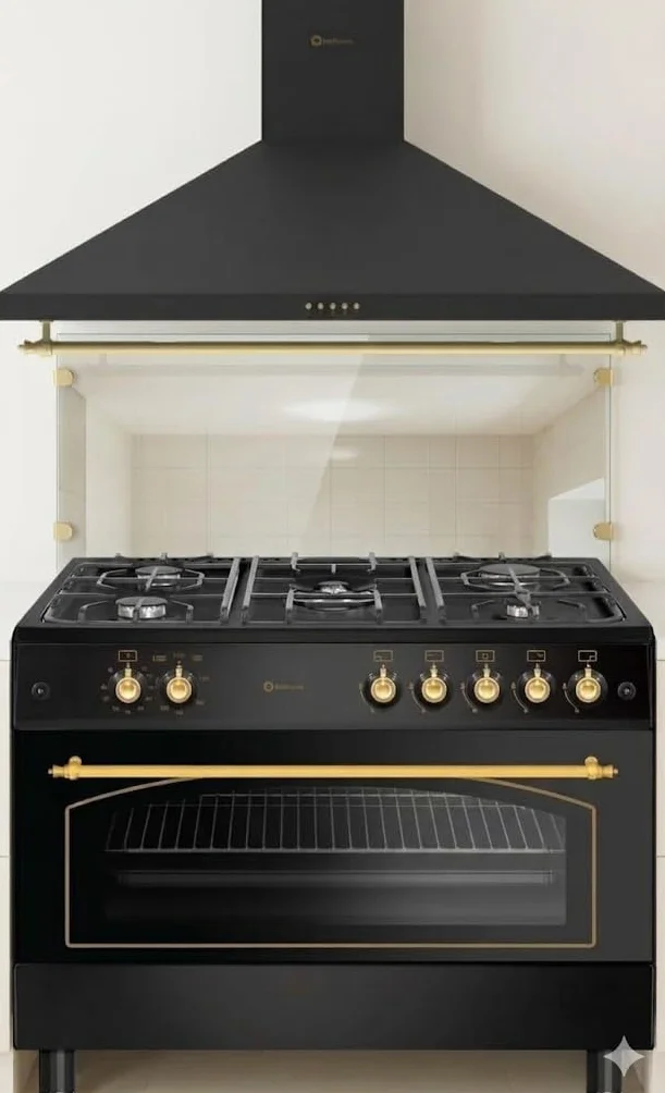 Cocina a Gas F9L50G2B Horno Panorámico Negra Rústico + Campana Decorativa
