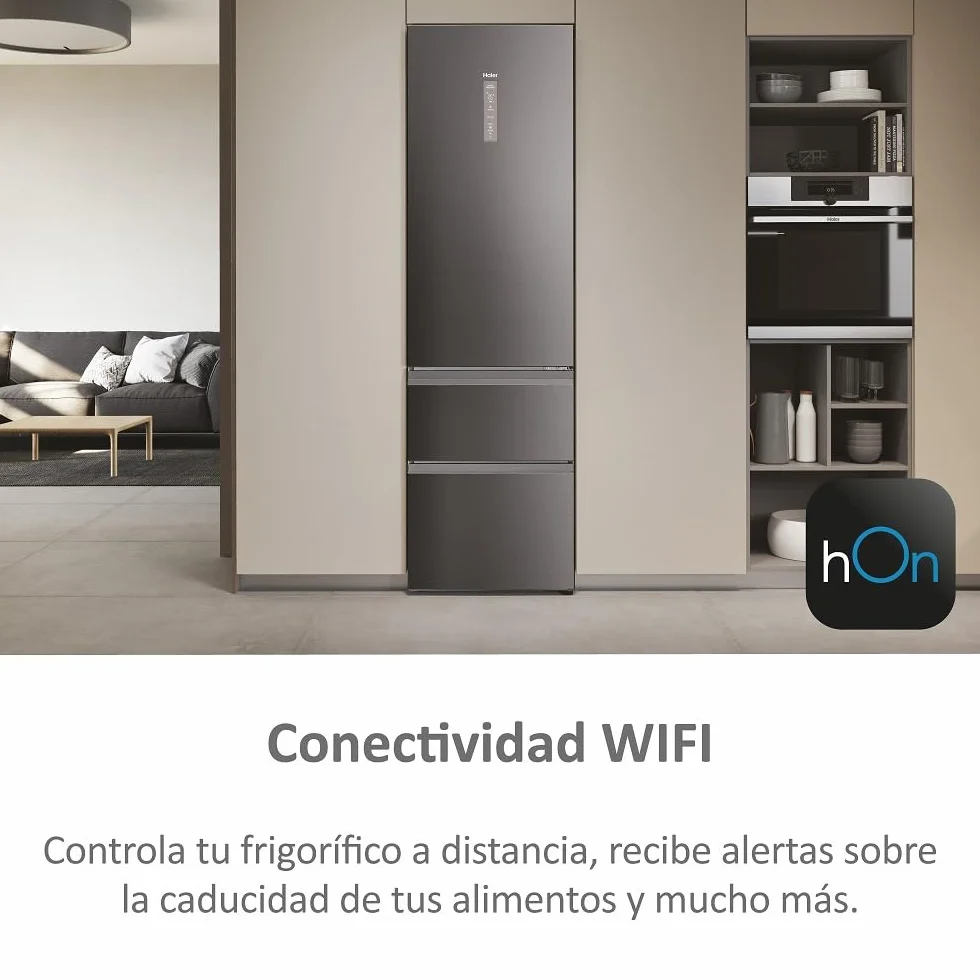 Haier 3D 60 Series 5 HTW5620CNMP - Frigorífico Combi, Cajones Direct Access, WIFI, Botellero, Motor Inverter, My Zone Pro, Humidity Zone, Total No Frost, AnxAl 59,5x205cm, 414L, Luz LED, Inox oscuro