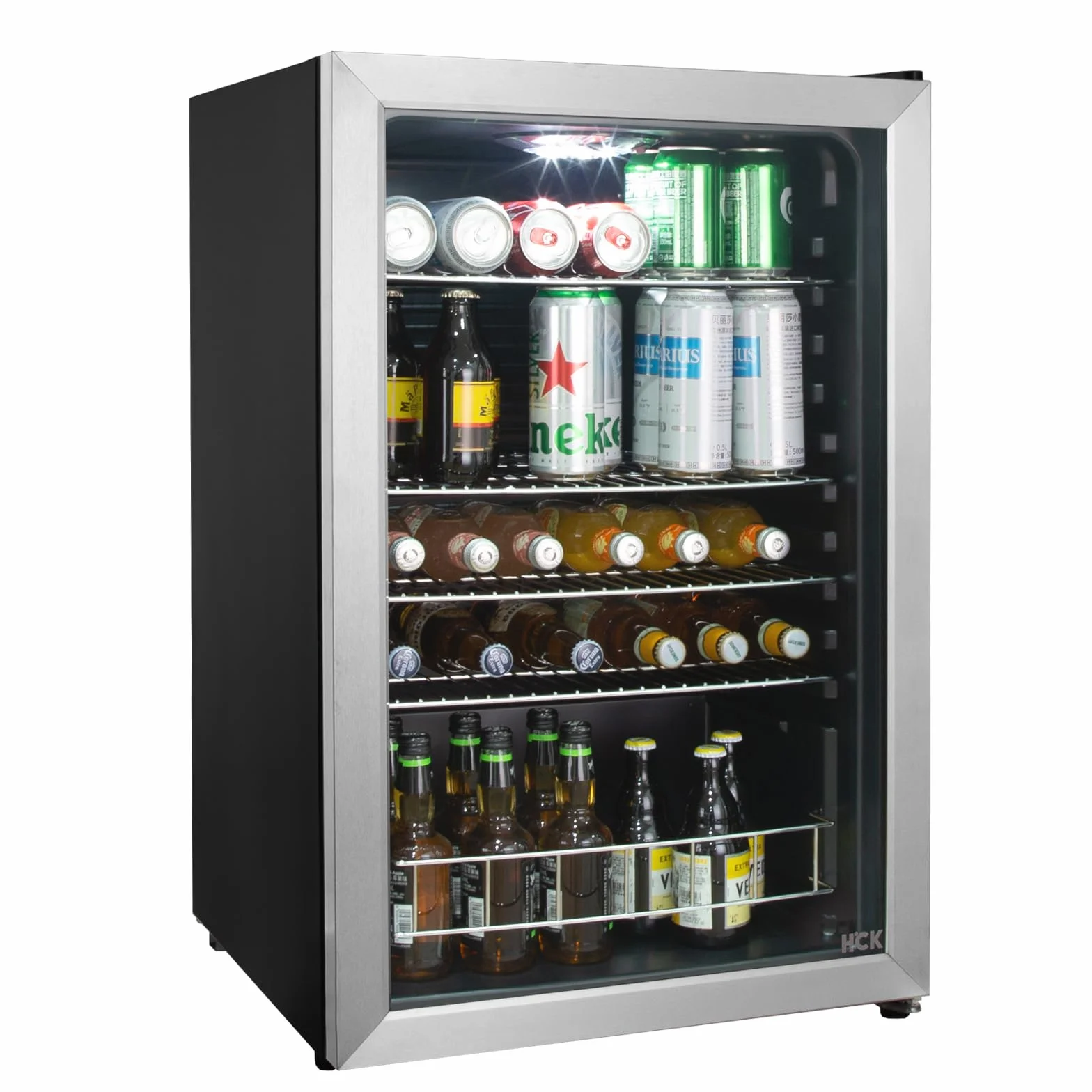 HCK Refrigerador de Bebidas Independiente de 115L con Puerta de Vidrio Doble, Temperatura Ajustable de 0-10℃, 4 Estantes Removibles para Cerveza y Bebidas