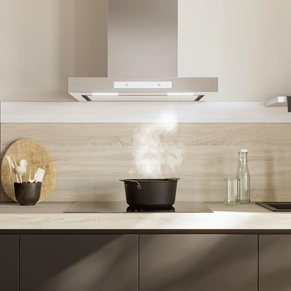 Cecotec Campana Extractora 60cm Tipo T Bolero Flux Tt 608000 Slim Glass White A++. Acabado Acero Inox Succión 800M3/H, Bajo Consumo, Display Táctil, Filtro Carbono, Hand Movement Control