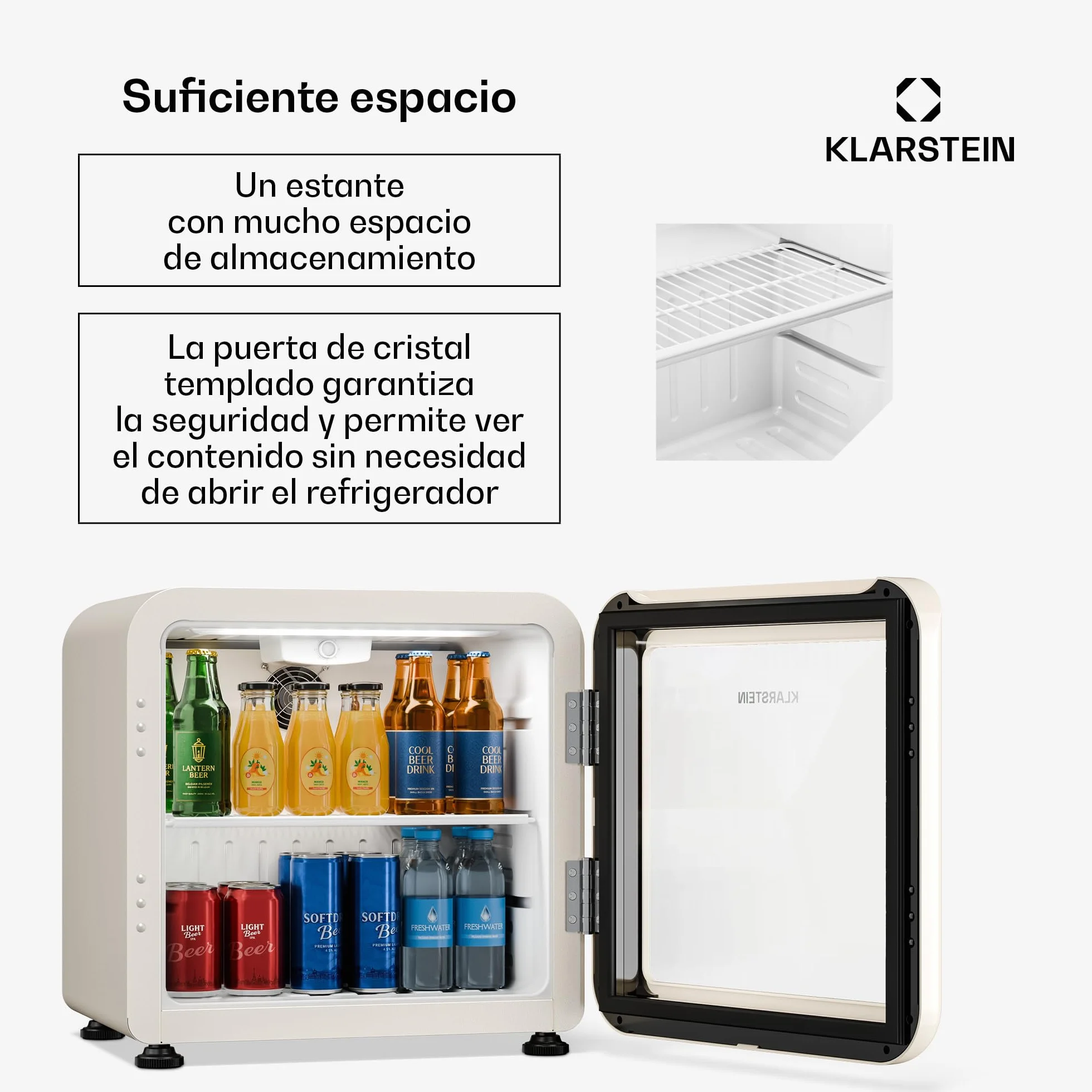 KLARSTEIN Nevera para bebidas Audrey Evo 45 L – Nevera para bebidas con puerta de cristal, luz LED, temperatura ajustable de 0 a 10 °C, funcionamiento silencioso