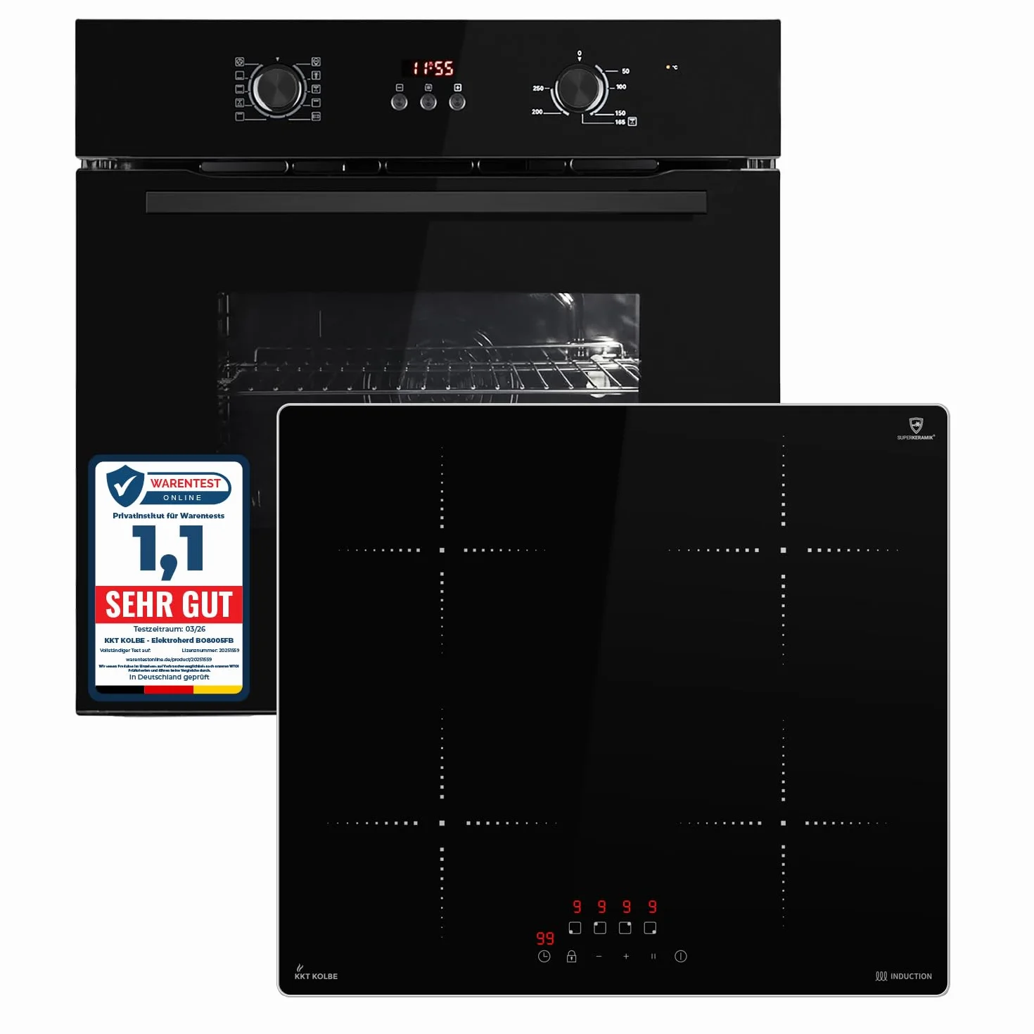KKT KOLBE Juego de cocina autosuficiente | 60 cm horno empotrado negro BO8005FB | 59 cm placa de inducción IH85900ED | parrilla de aire caliente | temporizador | acristalamiento de protección térmica