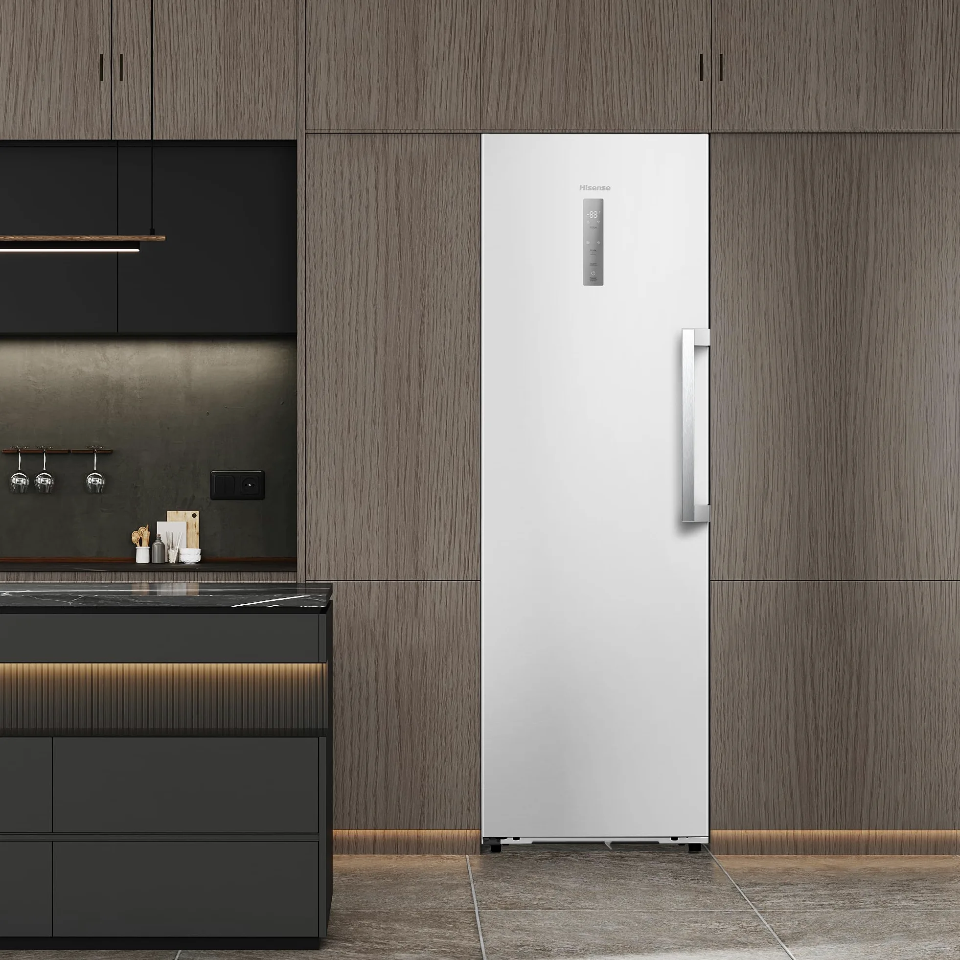 Hisense FT3K310SEWE1 - Congelador Una Puerta Total No Frost Kitchen Fit, 312L, 186cm, Ventilación Inferior, Congelamiento Rápido, Tirador de Apertura Fácil, Apertura de Puerta 90º, WiFi, Blanco