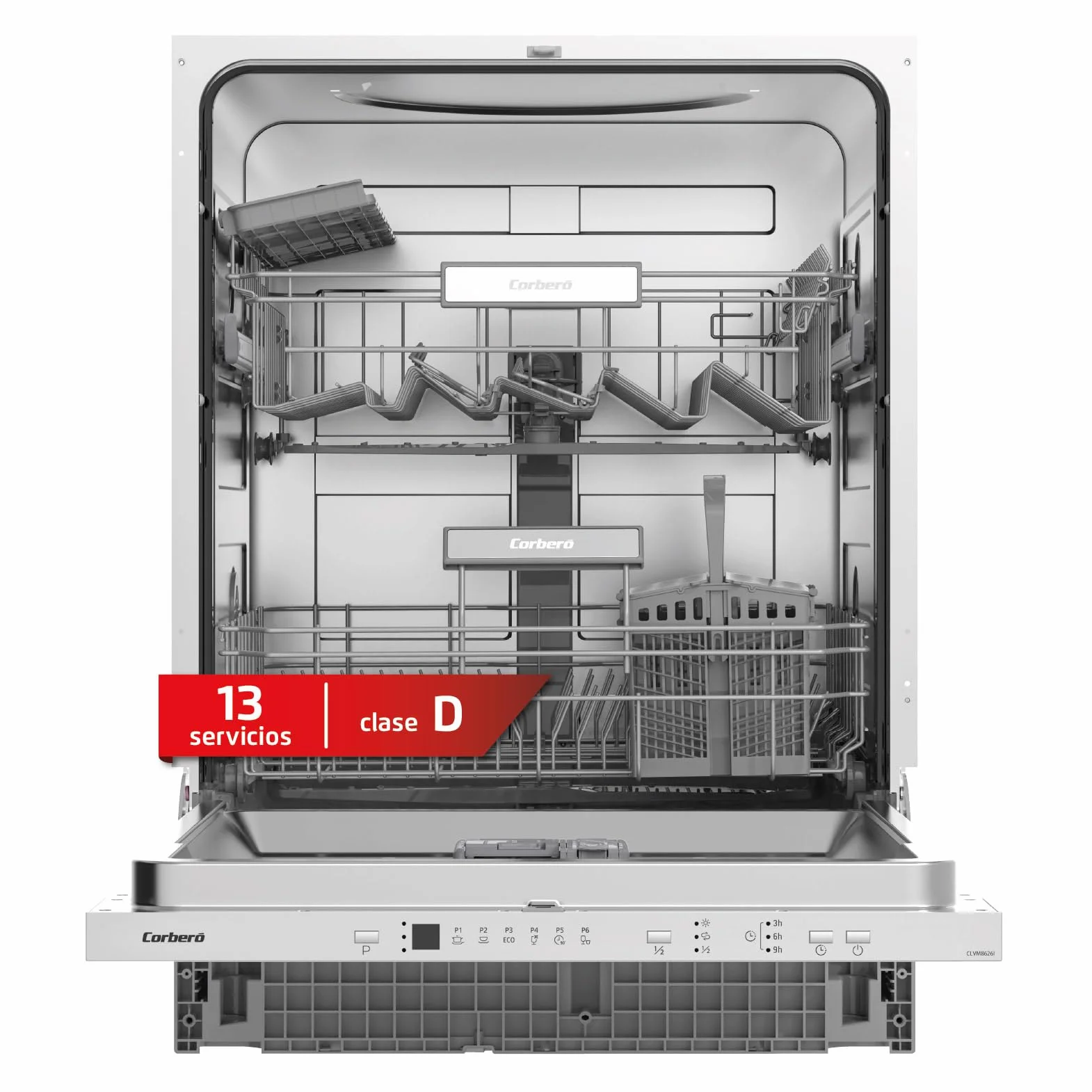 Corberó - Lavavajillas integrable 60 cm | CLVM8626I | 13 cubiertos | 6 programas | Tercera bandeja mini | Función ECO| Media Carga| Función 3 en 1 | Auto Apertura | Inox