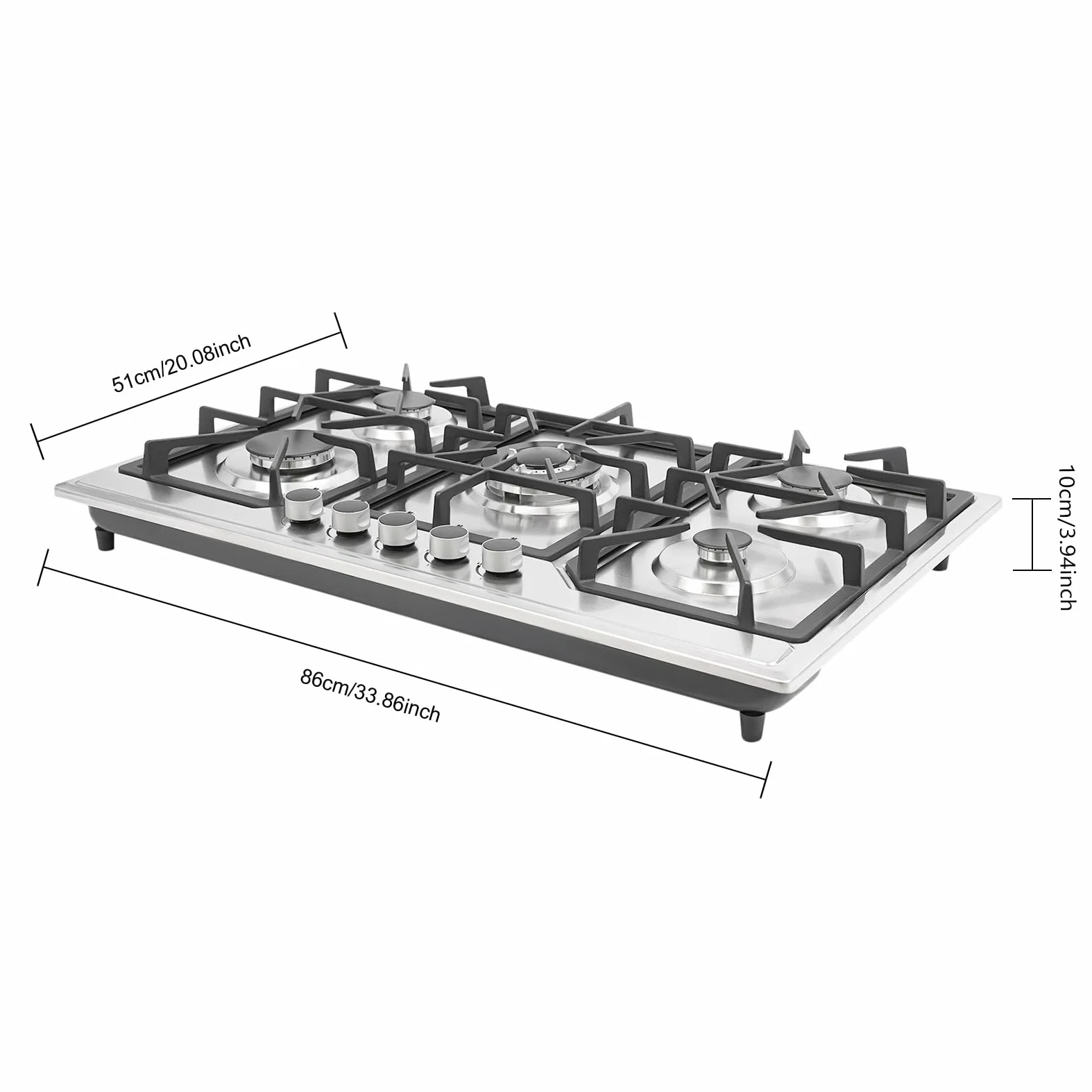 Cocina de gas de 5 fuegos, 86 cm, empotrable para cocina, acero inoxidable, encendido electrónico, placas de gas LPG/gas natural, 2800 pa, placa de gas Drop-in moderna