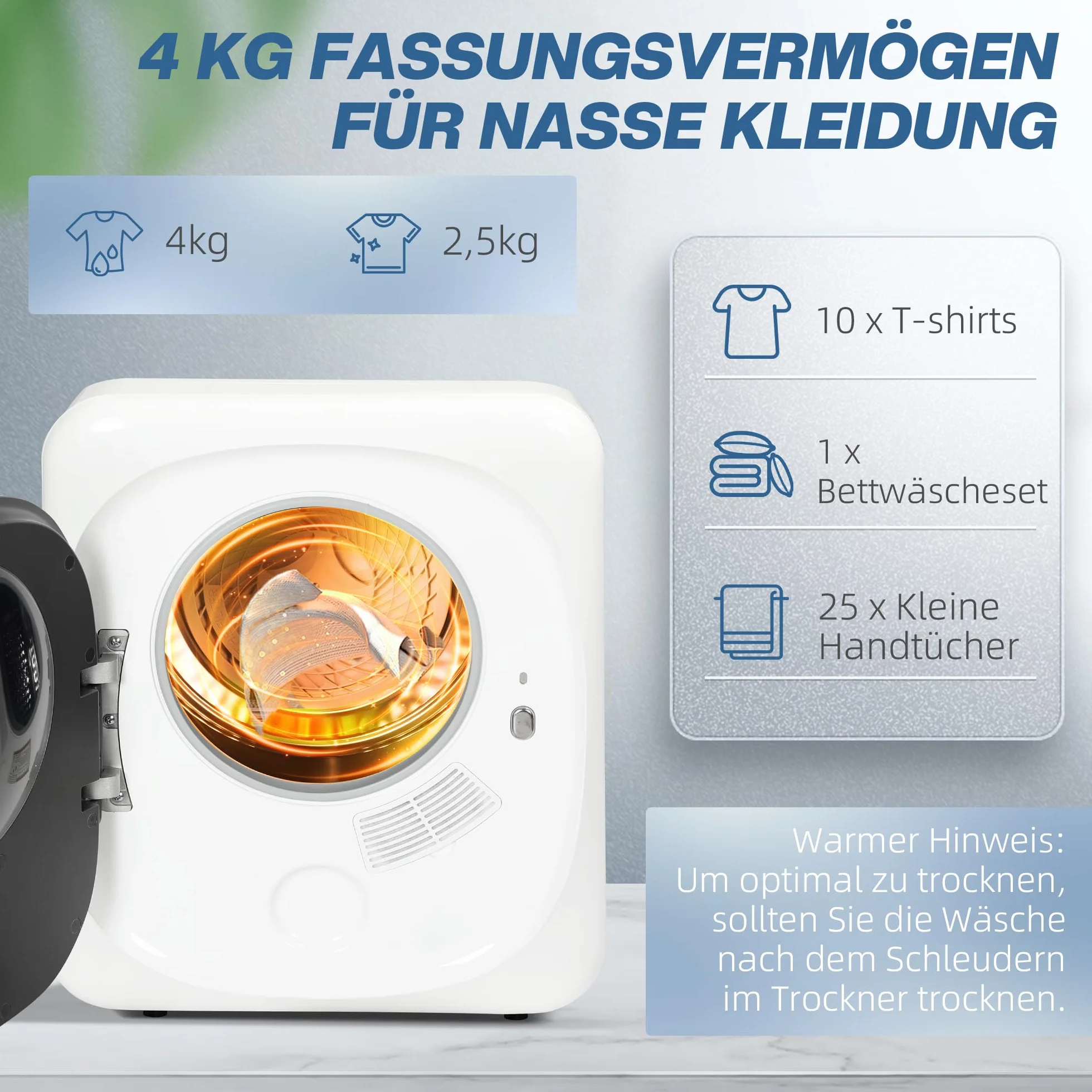 HOMCOM Secadora de extracción de aire 4 kg con desinfección, desodorización, modo inteligente, secadora con bandeja de acero inoxidable, de carga frontal, para piso, casa, mobil home, blanco