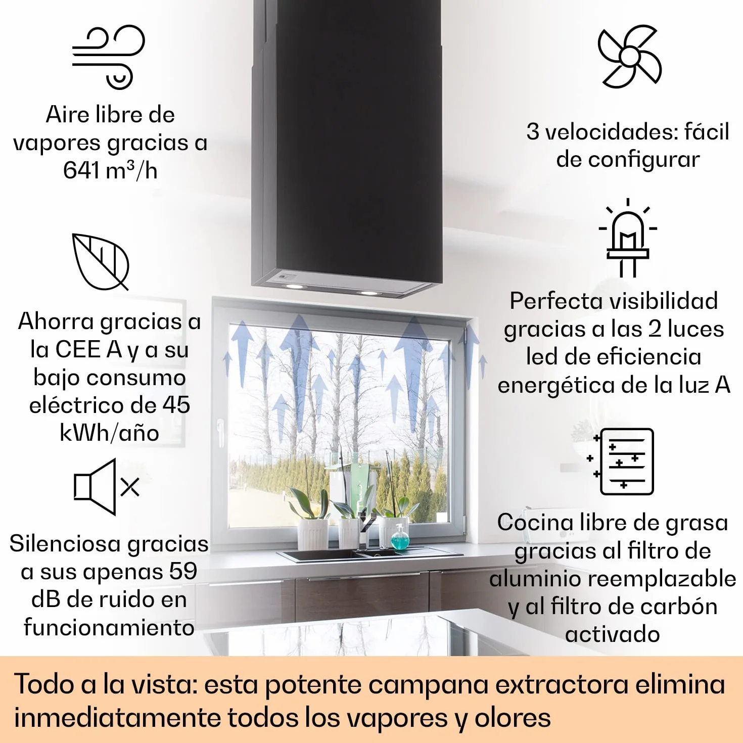 Klarstein Campana Isla Cocina Extractor 641m³/h Temporizador 3 Modos Filtros Carbón Activo