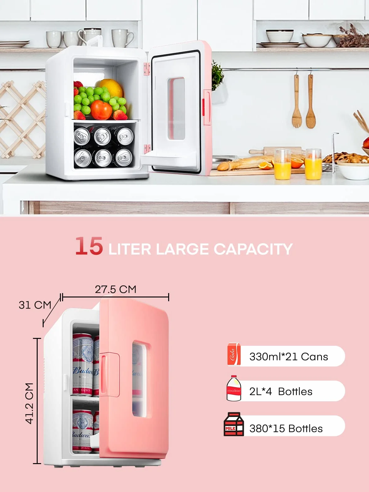 NORTHCLAN Mini Nevera Portatil, 15L Nevera Pequeña, 12V/230V, Funciones Enfriar y Calentar, Mini Frigorífico para Coches, Oficinas y Dormitorios, Cosméticos y Cervezas, Modo Max y ECO, Rosa