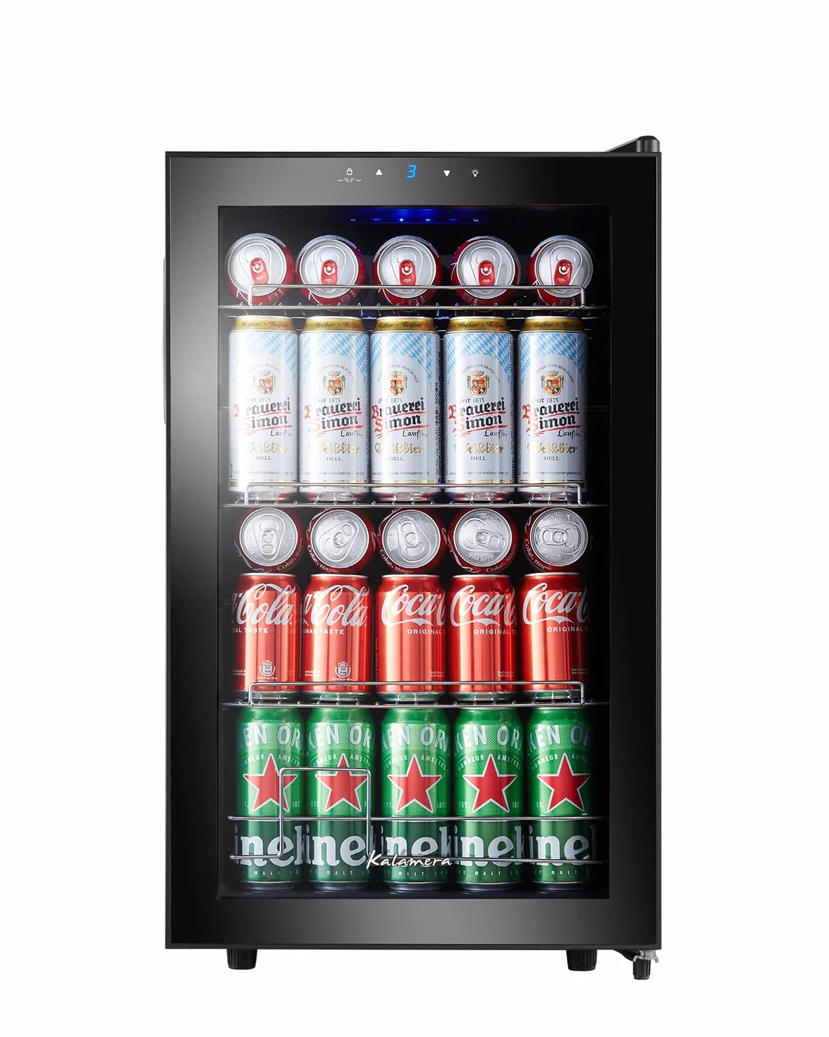Kalamera KRC-68GE Refrigerador para bebidas, nevera pequeña para botellas con panel de control táctil, zona de enfriamiento de 3-18 °C, nevera de cerveza, 68 litros, 38 dB, luz interior LED azul