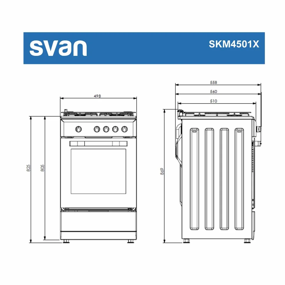 Svan Cocina Mixta Gas Butano 4 Zonas de Cocción, Horno 48 L, Inox SKM4501X. Control Manual, 5 Programas de Cocción, Cristal en Puerta de Doble Capa, Tapa Abatible