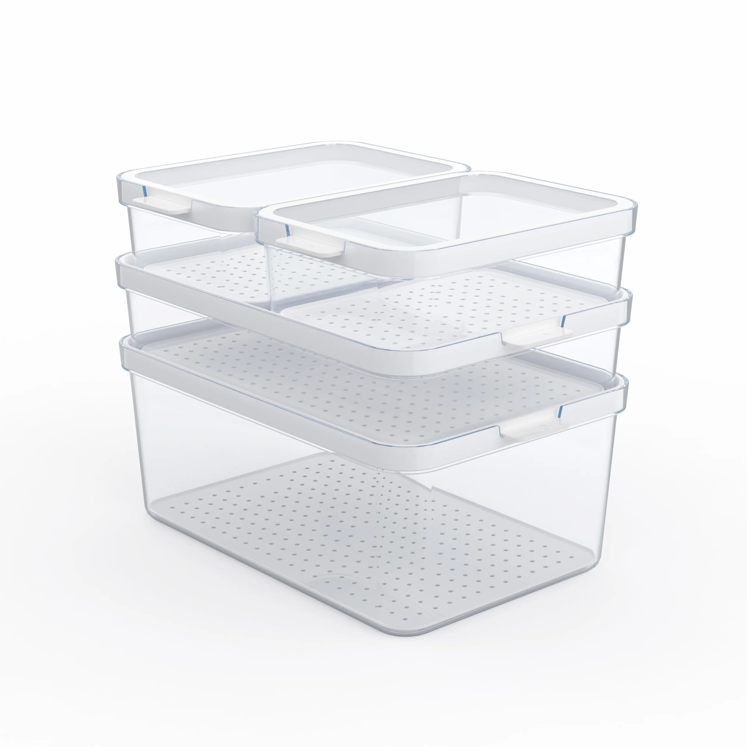 Rotho CAUMA Organizadores Frigorífico, Set de 4 Cajas Transparentes Apilables para Nevera y Despensa, Plástico PP sin BPA, con Bandeja Interior Perforada