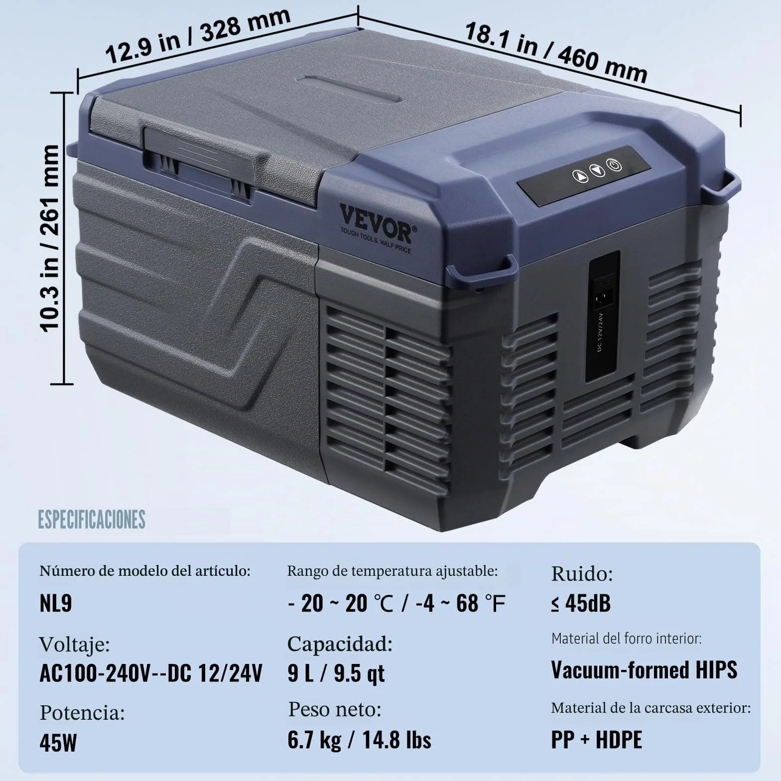 VEVOR Nevera de Compresión Portátil 9 L Mini Nevera para Coche 12/24V DC y 100-240V AC Caja Enfriadora de Zona Única Temperatura Ajustable de -20°C a 20°C para Camión Barco Casa Camping