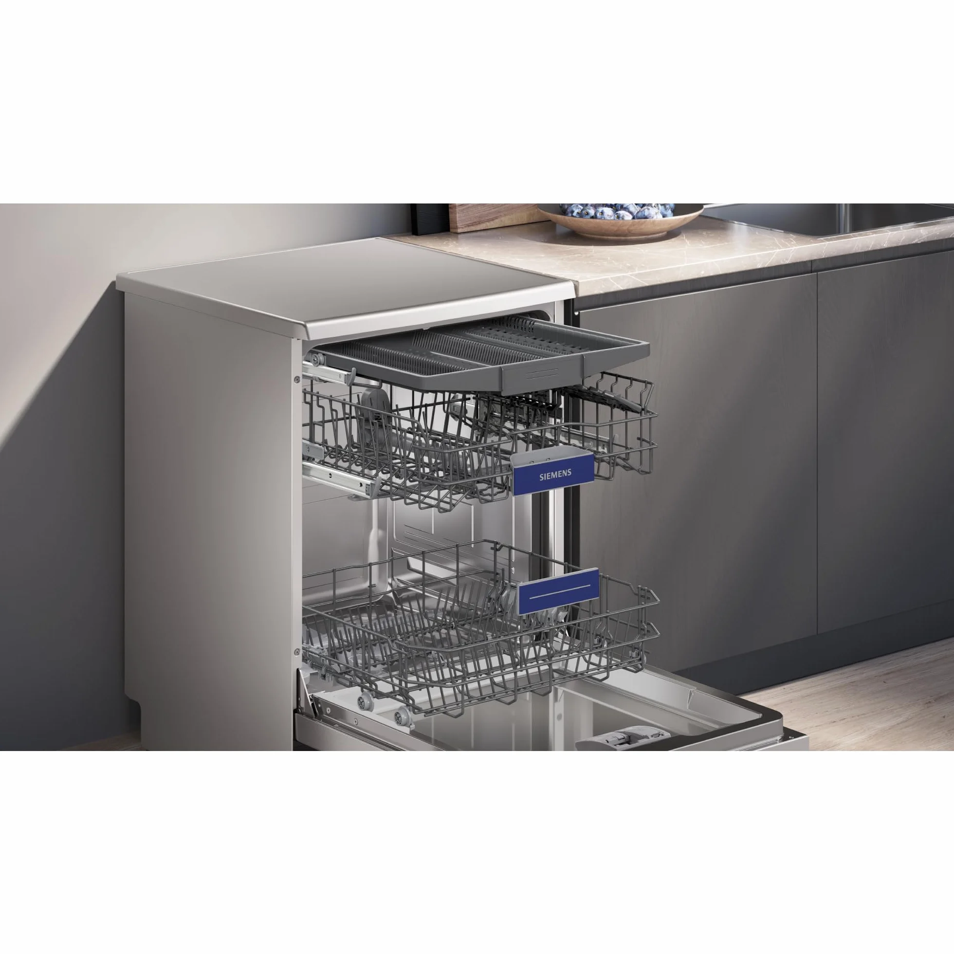 Siemens - Lavavajillas de libre instalación, iQ300, 60 cm, Home Connect, varioSpeed+, autoOpen dry, Acero antihuellas, SN23EI03ME