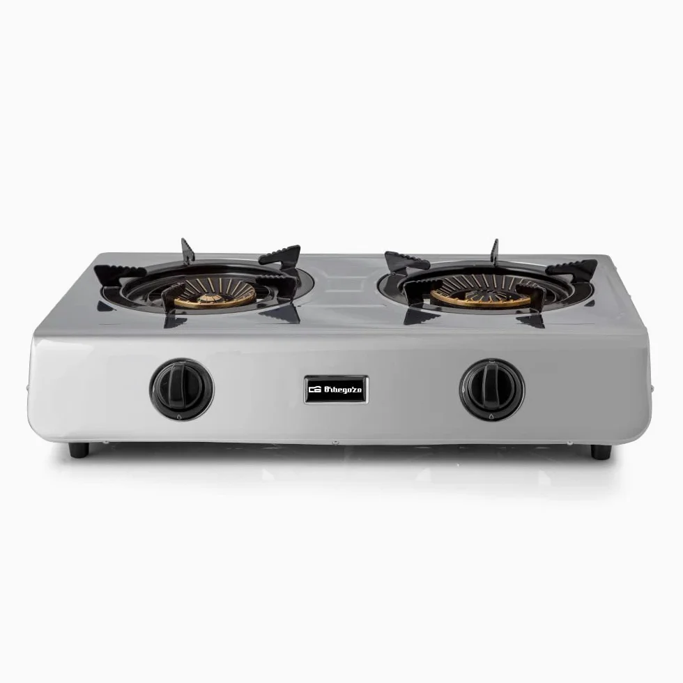 Hornillo gas butano o propano, cuerpo INOX, 2 quemadores de triple corona, encendido piezoeléctrico