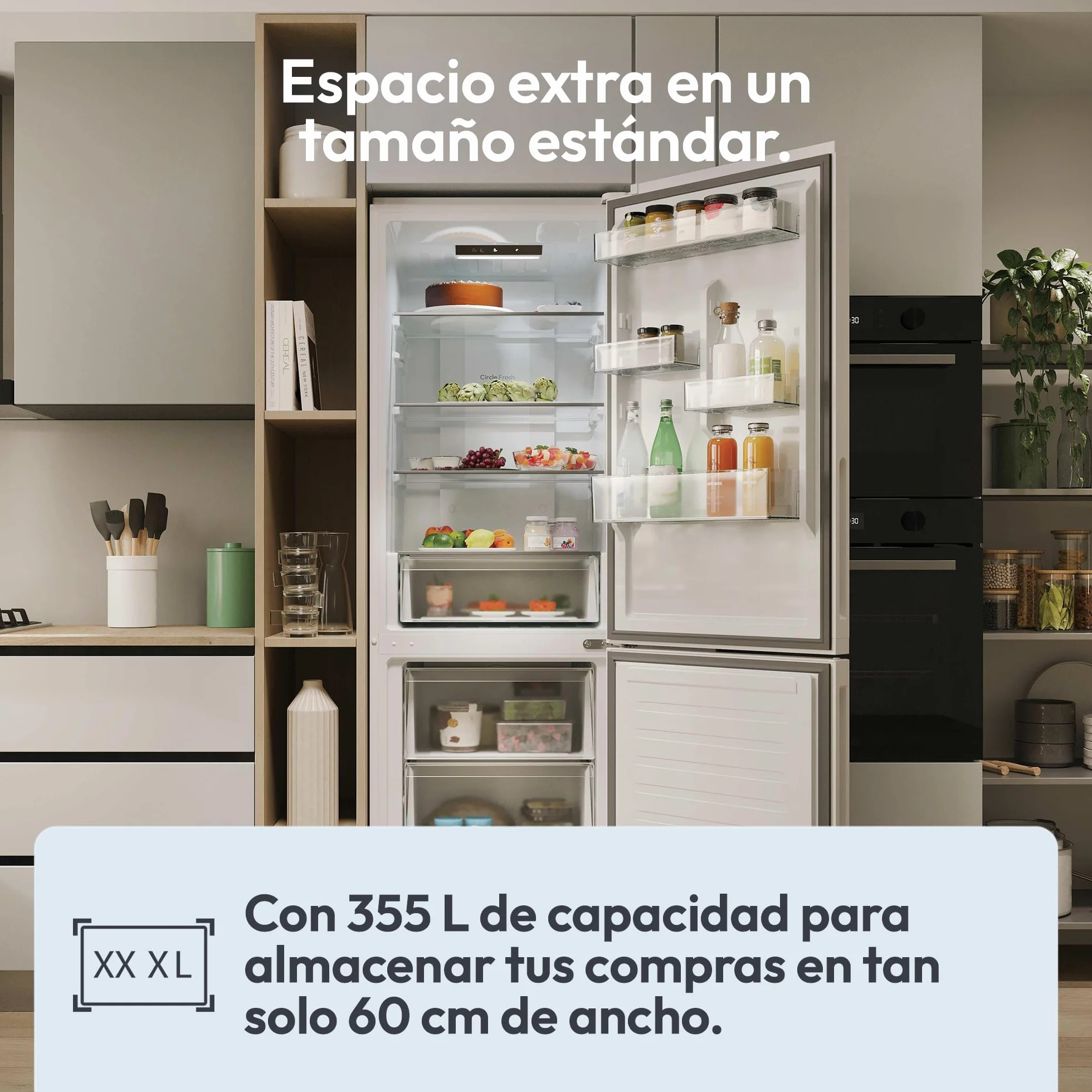 Candy Fresco 300 CNCQ2T618CW, Frigorífico Combi, Capacidad 355L, Total No Frost Circle+, Cajón Verdulero, Control Electrónico de temperatura, 60x185cm, Iluminación LED, Puerta Reversible, 38DB, Blanco