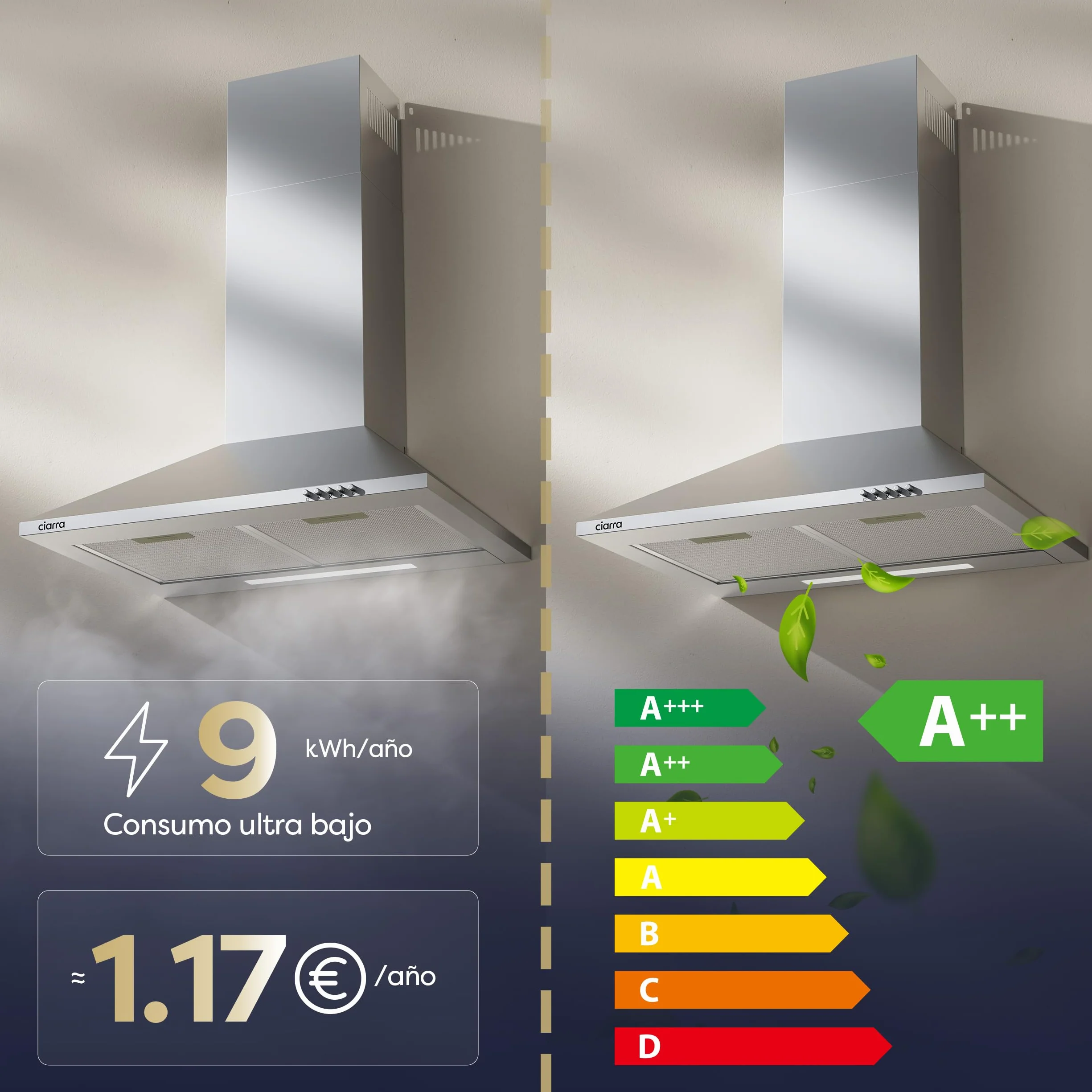 CIARRA CBCS6201 Campana Extractora 60cm 370m³/h 40W Clase A++ Acero Inoxidable