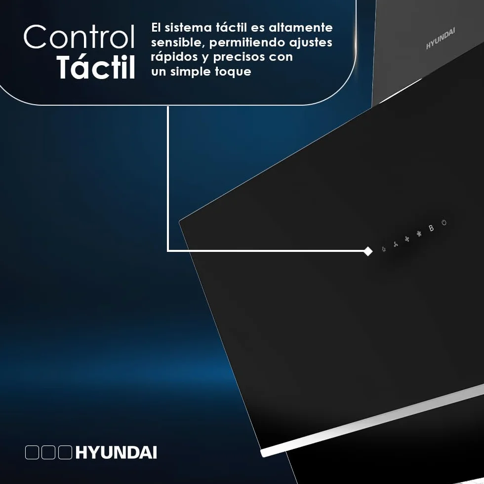 Hyundai Campana Extractora Inclinada 90cm Cristal negro HCPD900AN. Potencia 253m3/h, Tiro Doble, 4 Velocidades, Control Táctil, Filtro apto para Lavavajillas.