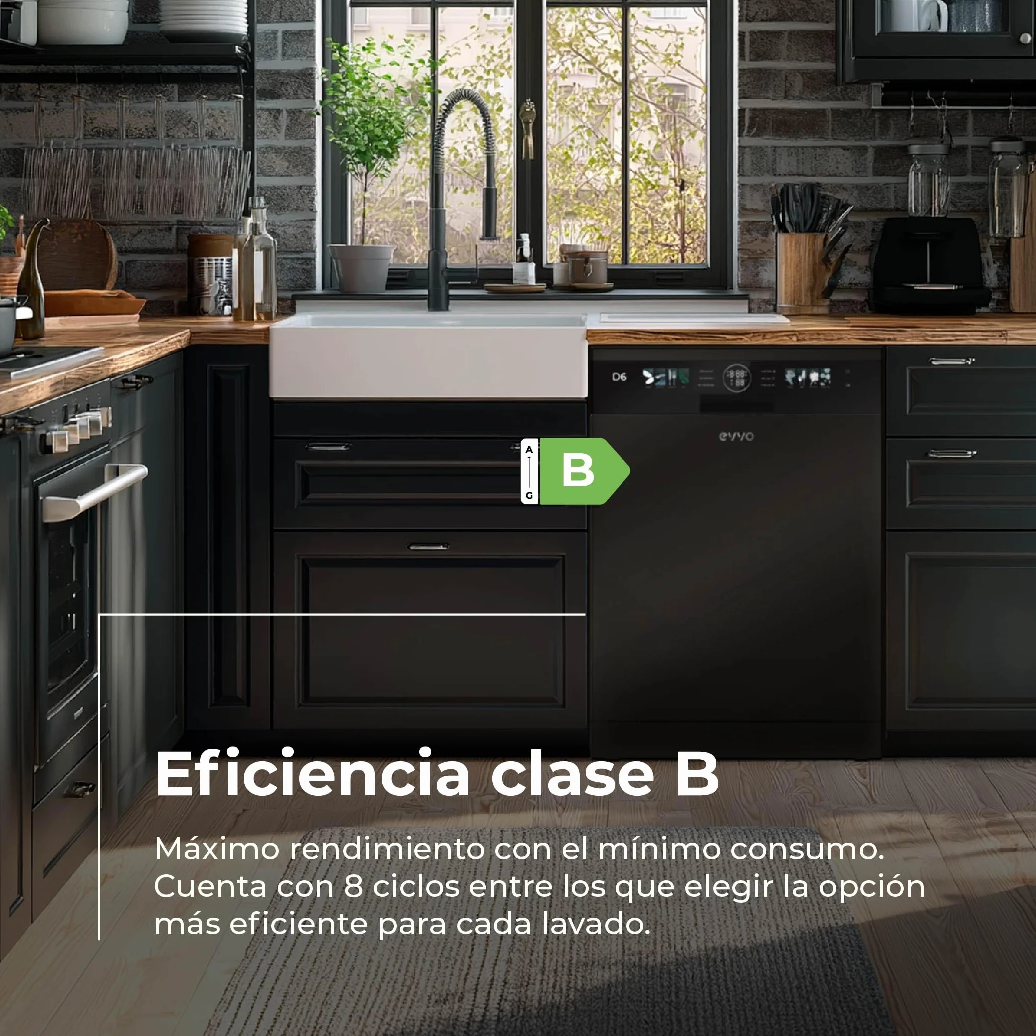 Lavavajillas D6 Libre Instalación 60 cm - Clase B Alta Eficiencia, 15 Cubiertos, 8 Programas, Apertura Automática, Luz UV e Inicio Diferido - Lavavajillas Acero Inoxidable Inox - Secado Turbo (Negro)
