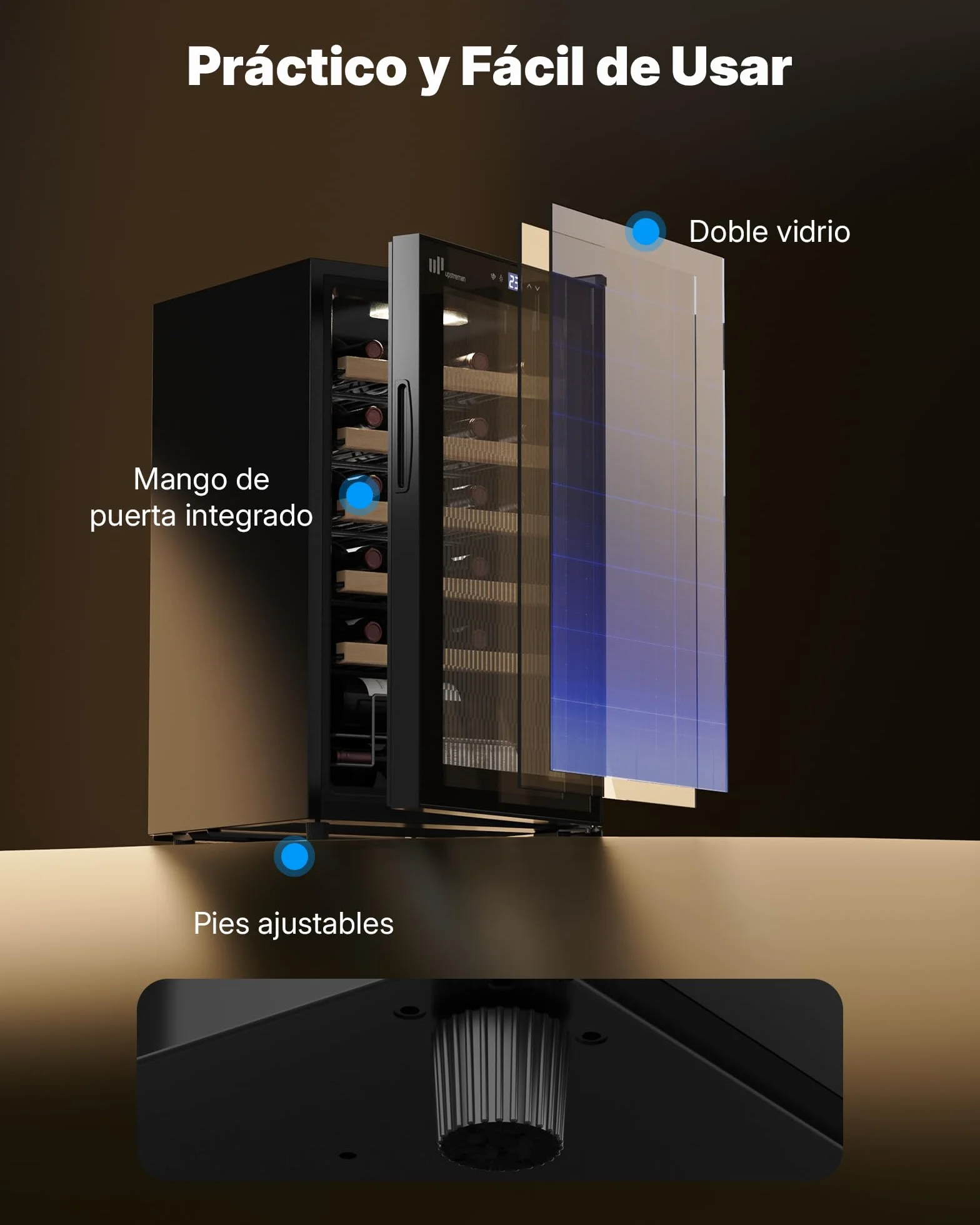 Upstreman Vinoteca para 24 Botellas, 5°C - 20°C Ajustable, Empotrable & Bajo Encimera, Doble Acristalamiento, Pantalla Táctil, Iluminación LED, 5 Baldas, Bodega de vino Negro W24
