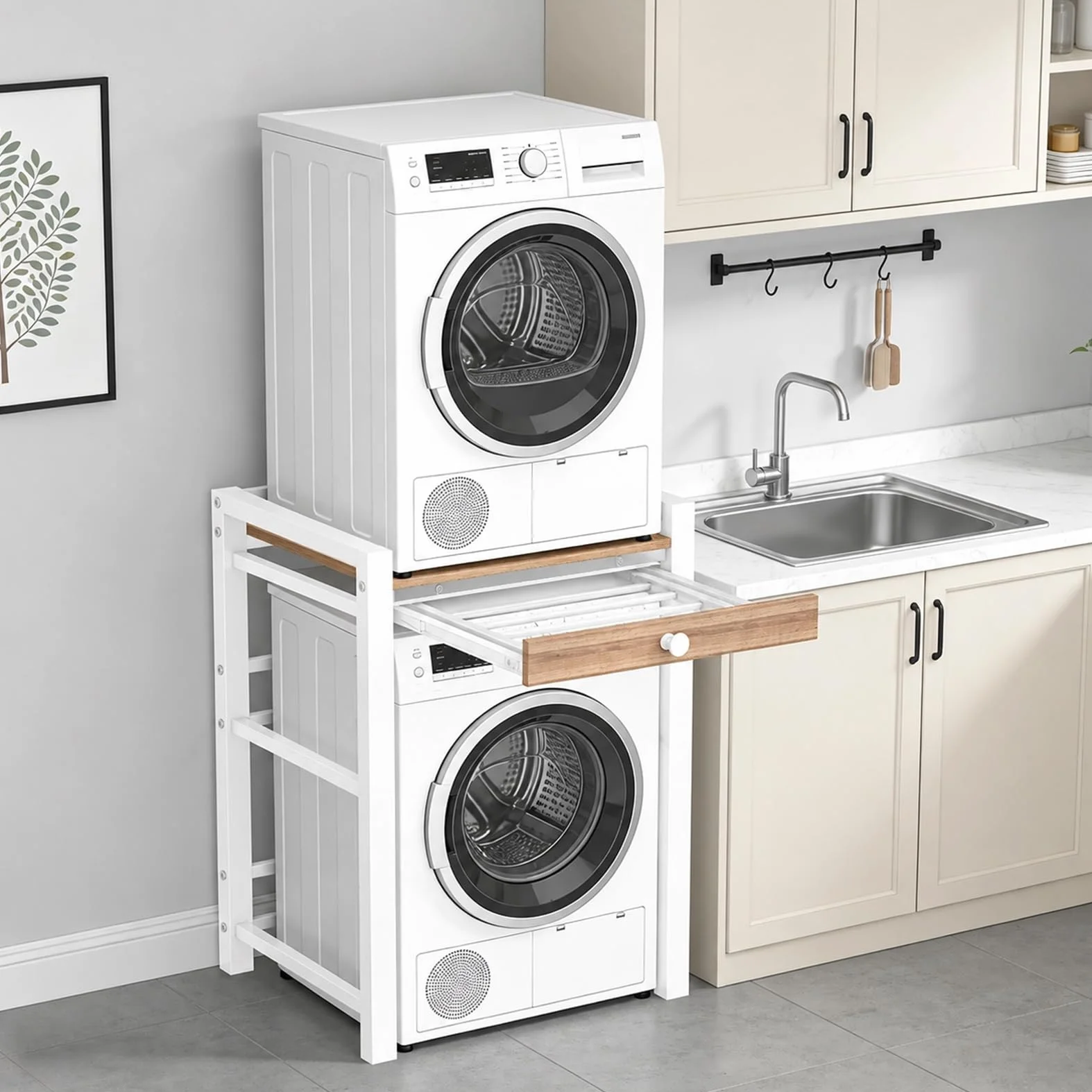 Estantería para lavadora, lavadora y secadora superpuestas, capacidad de carga de 300 kg, armario de lavadora para baño, cocina, balcón, lavandería (blanco con cajones)