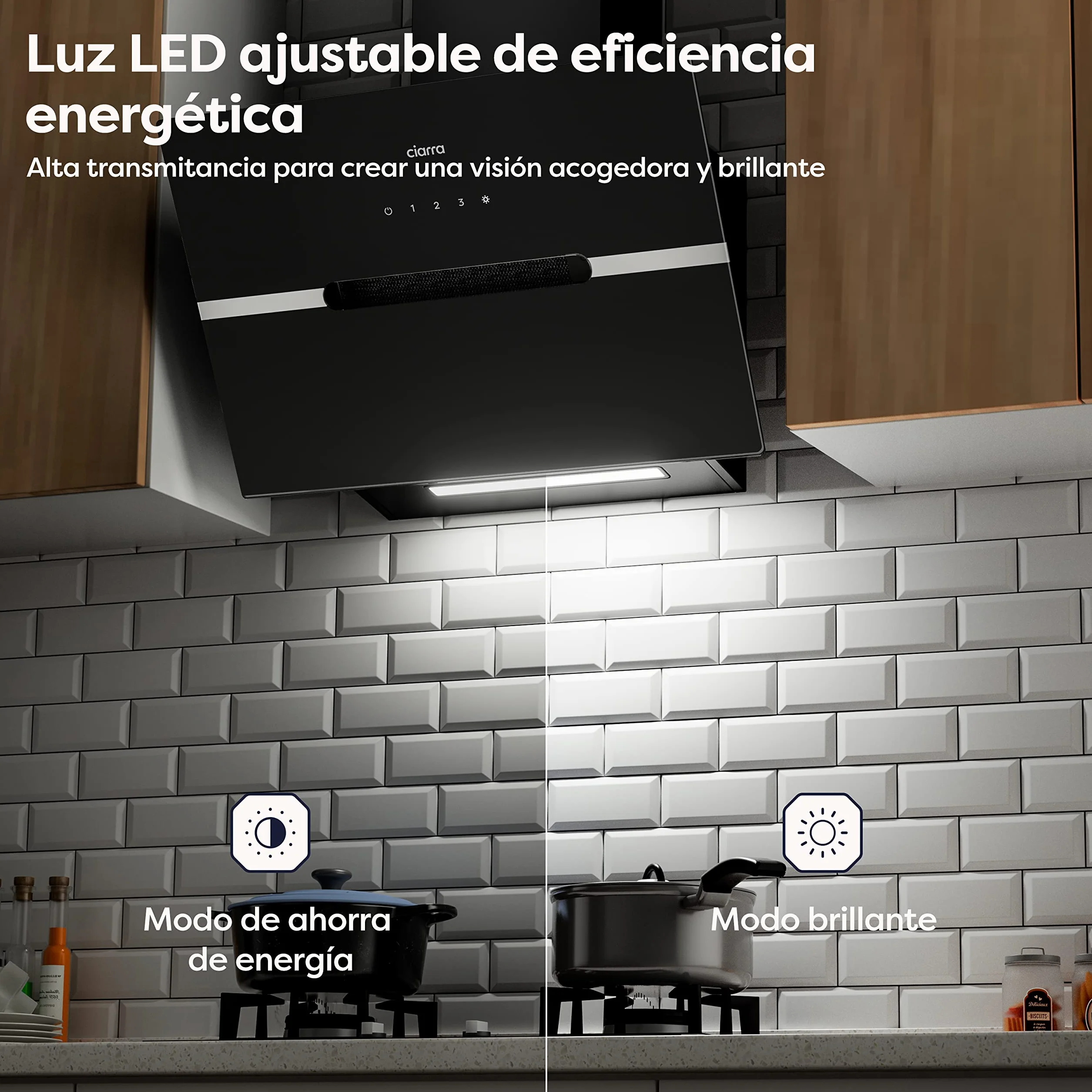 CIARRA CBCB6736F Campana Extractora 60cm CLase A+++ Wi-Fi App Touch-Booster Evacuación al Exterior y Recirculación Interna por Filtro de Carbón CBCF003