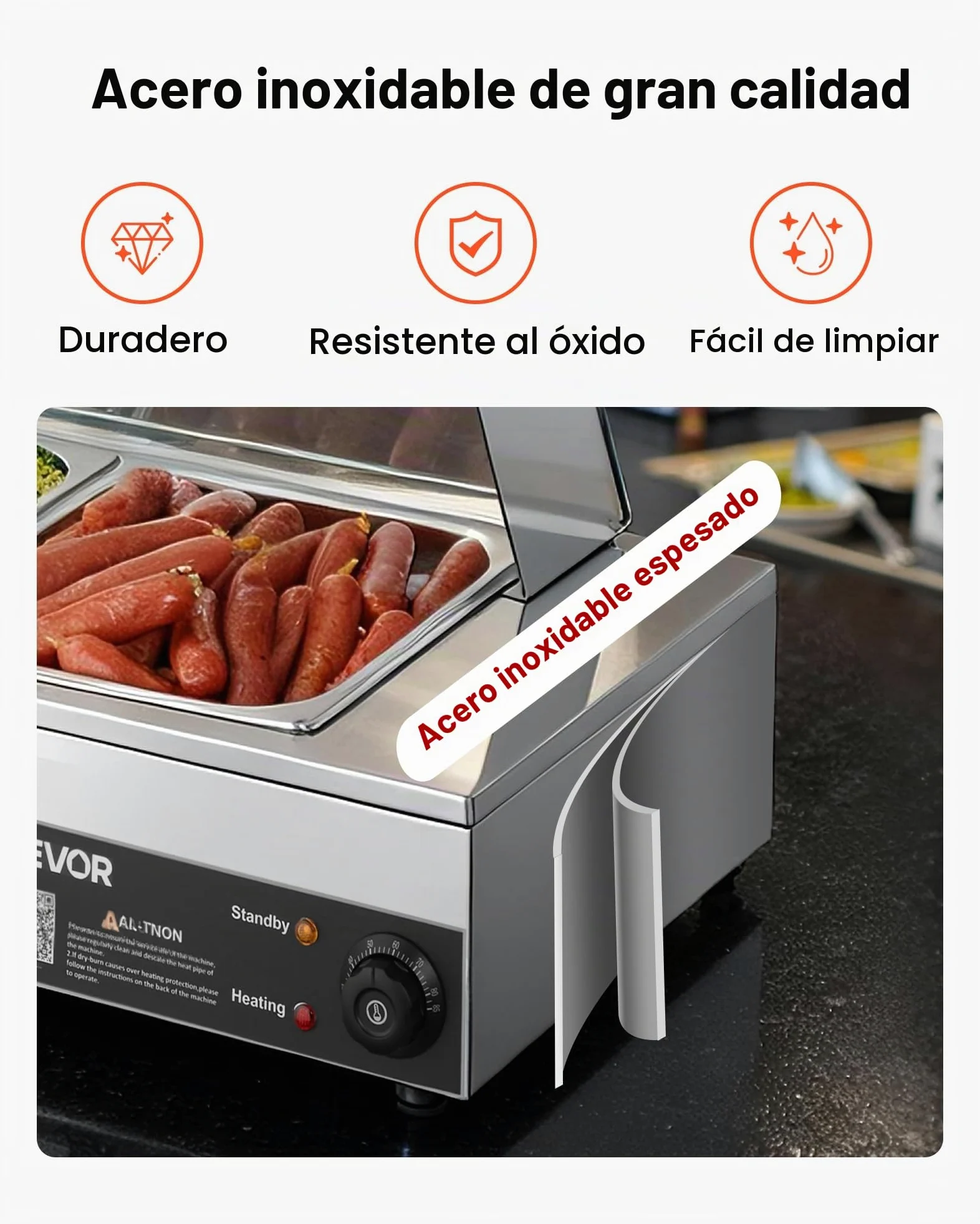 VEVOR Calentador de Alimentos Eléctrica, con Tapa de Vidrio y 5 Recipientes, 1,5 kW, de Acero Inoxidable, con Baño María, para Restaurantes, Fiestas y Bufés, 30-85 ℃, 1450 x 365 x 335 mm, Plata