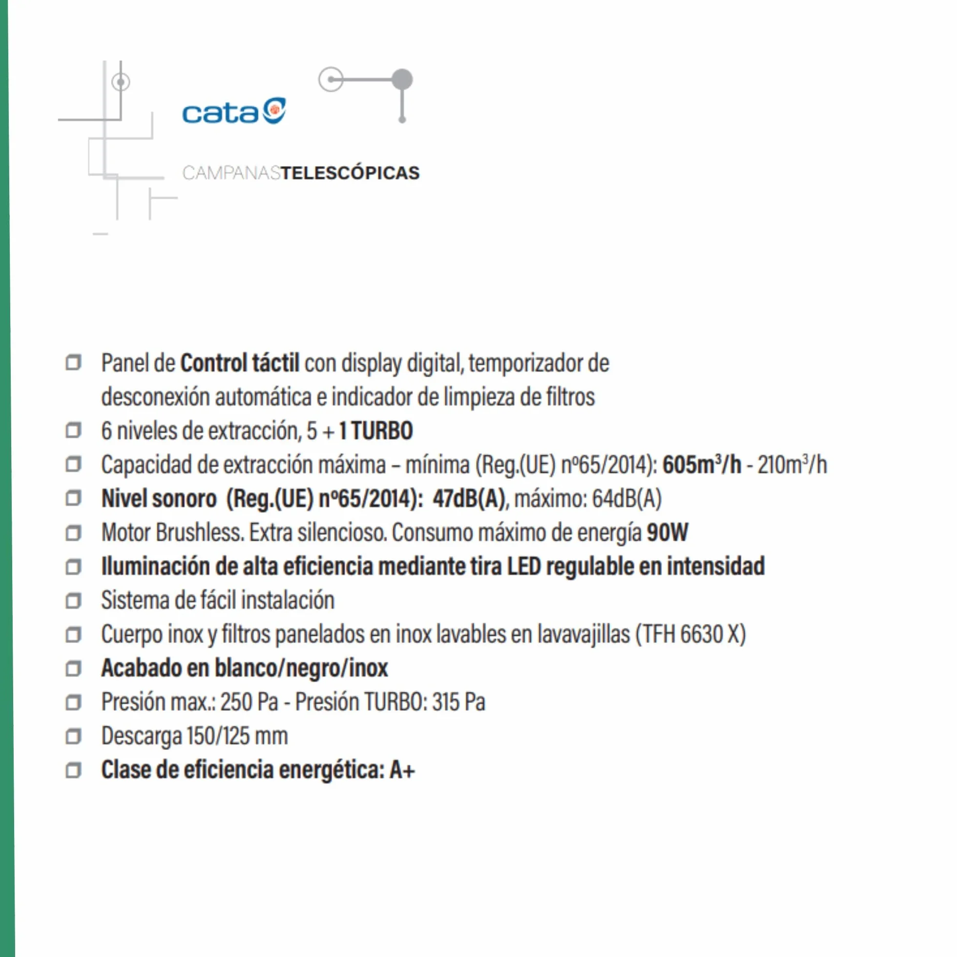 CATA Campana Extractora TFH 6630 BK Panel de Control Táctil 6 Niveles de Extracción Motor Extra Silencioso Iluminación LED Nivel Sonoro 47 db Sistema de Fácil Instalación Ancho 59.8 Color Negro