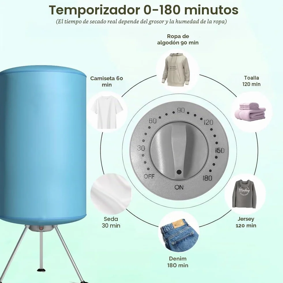 BAKAJI Secadora eléctrica de Globo, secador de Ropa de Aire Caliente, Potencia 900 W con Temporizador de 180 min y Doble ventilación, tamaño 150 x 65 cm