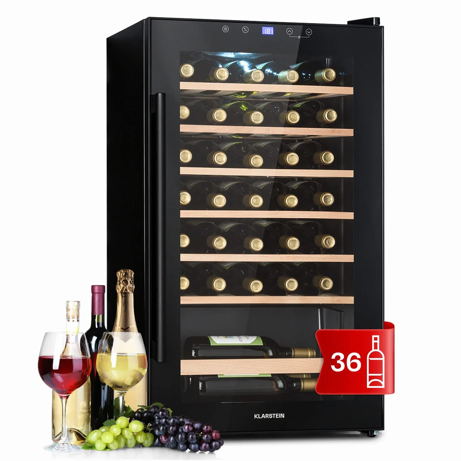 Klarstein Frigorífico para vino y bebidas, frigorífico estrecho de 1 zona, con puerta de cristal, refrigerador para bebidas independiente, frigorífico para vino pequeño, refrigerador de vino con
