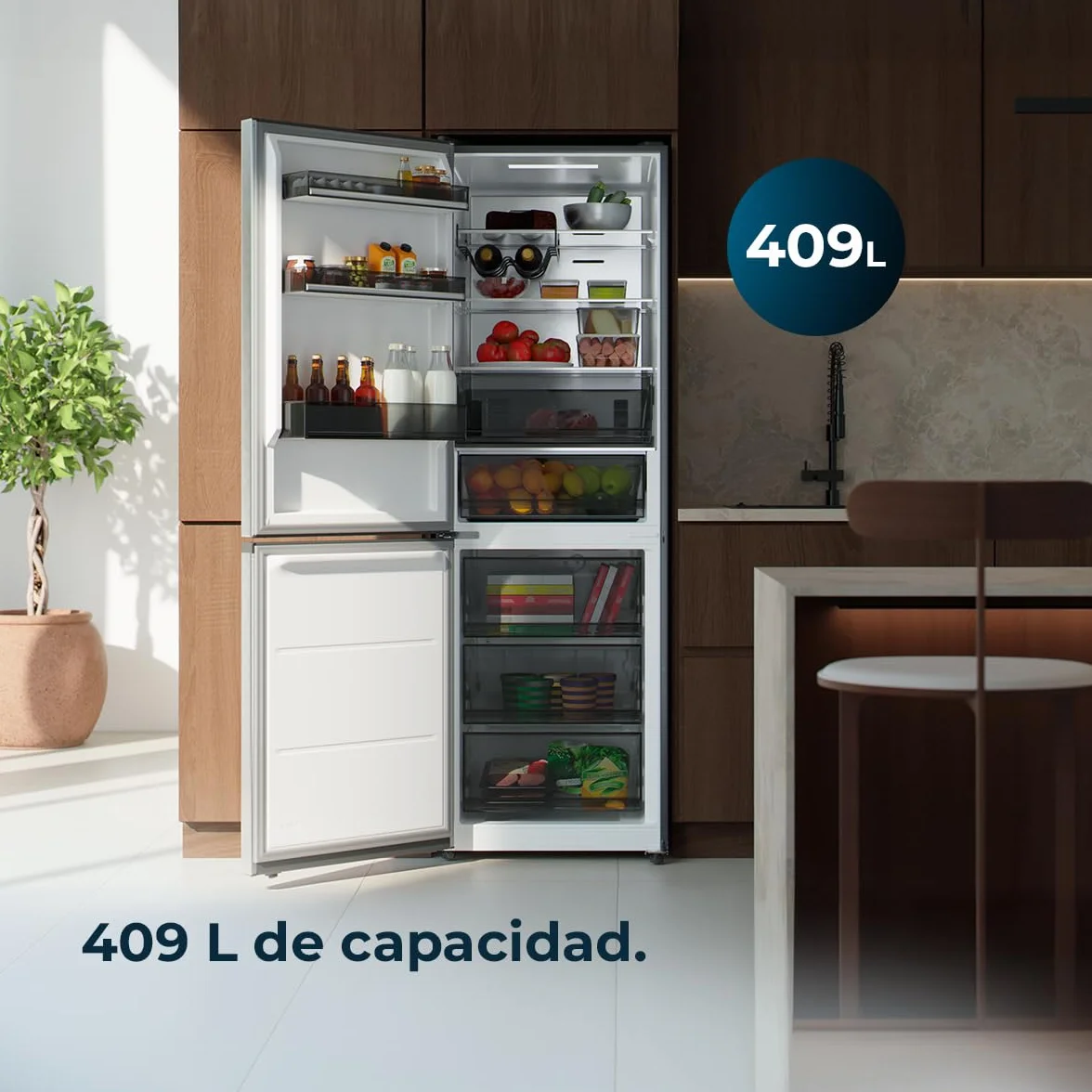 Cecotec Frigorífico Combi 409L Total No Frost Bolero CoolMarket Combi 409 Inox C. Altura 185cm, MAX INSIDE con VIP Tech, Compresor Inverter Plus, Bajo Consumo, Cajón Temperatura Variable, Inox