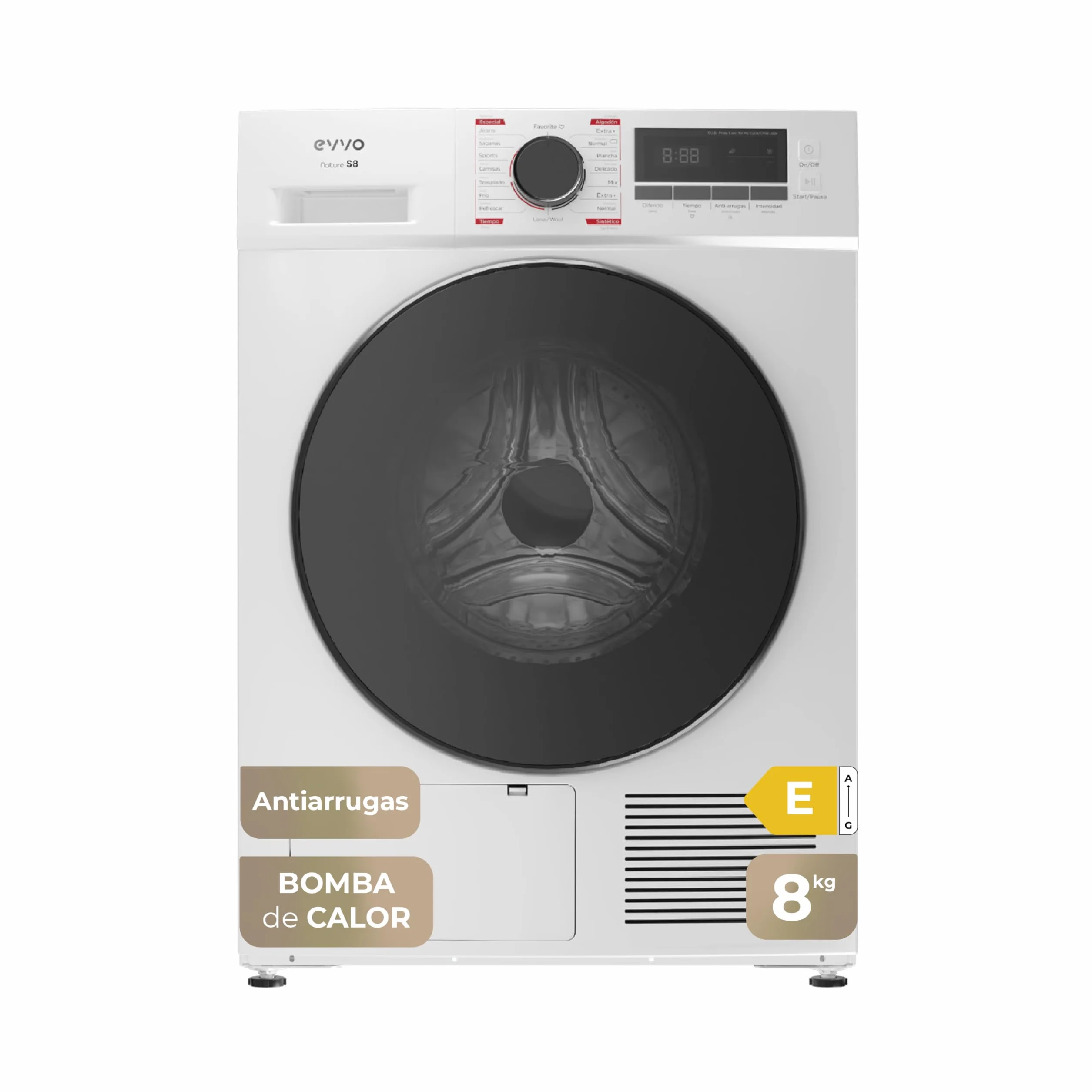 EVVO Secadora de Ropa Nature S8 E 8kg Bomba de Calor Sensor Humedad Antiarrugas Blanco