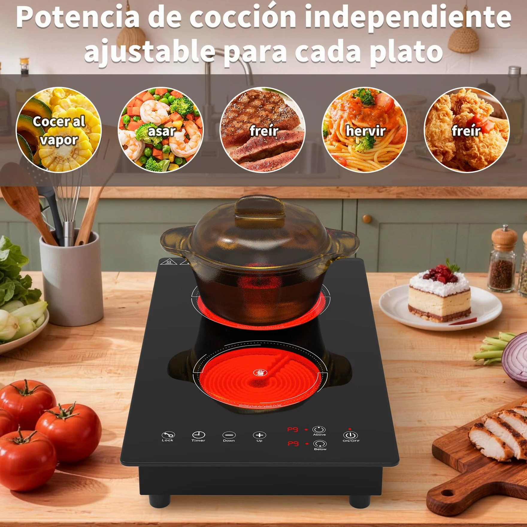 VBGK placa vitroceramica，220V 3000W placa de vitroceramica con control táctil LED, 9 niveles de potencia, bloqueo de seguridad infantil, temporizador de 4 horas y protección contra sobrecalentamiento.