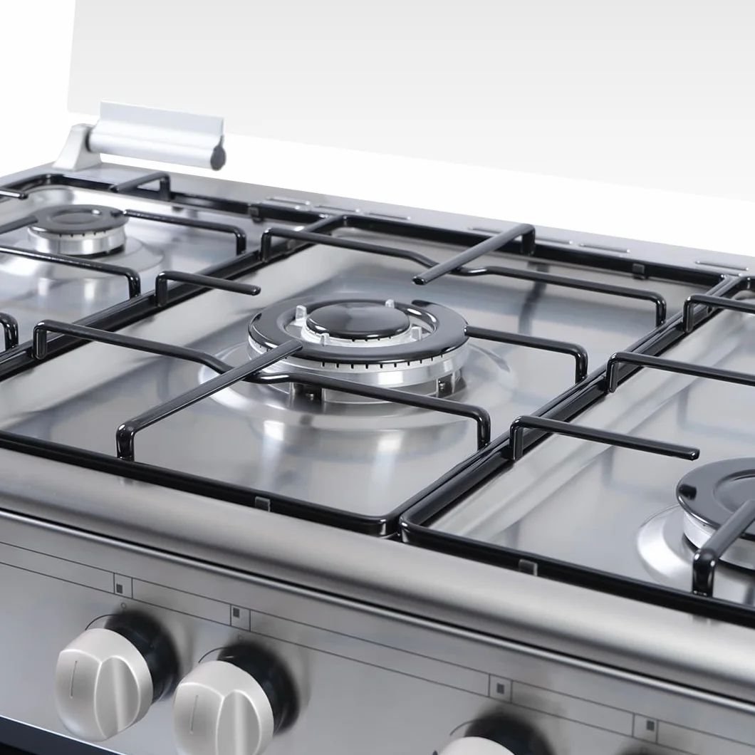 Svan Cocina Gas Butano 5 Zonas de Cocción, Horno 59 L, Inox SKGW5901PBX. Control Manual, Quemador WOK triple llama, 2 Programas de Cocción, Compartimento Bombona, Cristal en Puerta de Doble Capa