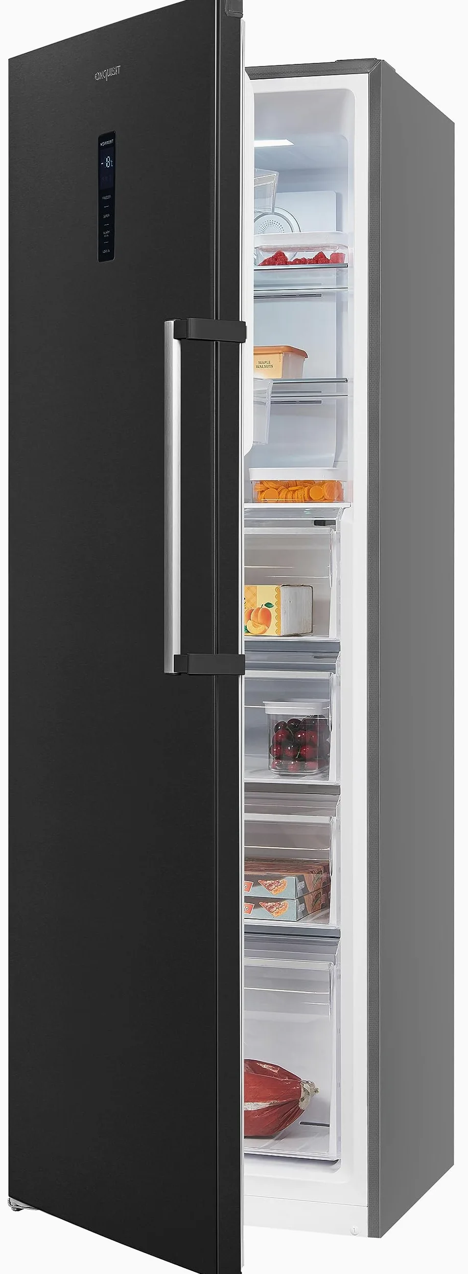 Exquisit® Congelador Vertical, 274L, Clase D, Material Acero Inox Antracita, Tecnología No-Frost, Control Digital, Cajón XL, Altura Regulable, Consumo 197 kWh/año, Medidas 185x60x66 Cm.
