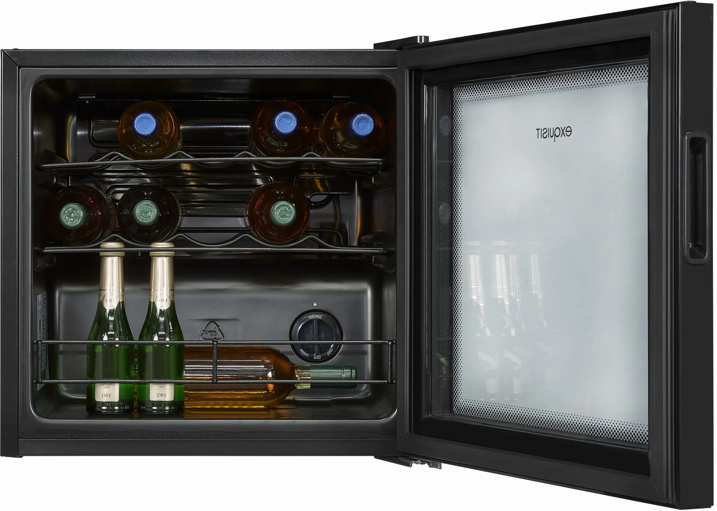 Exquisit® Vinoteca, 12 Botellas, Clase G, Rango de Temperatura de 5ºC a 18ºC, 2 Estantes Metalicos, Tirador Integrado, Altura Regulable, Consumo 130 kWh/año, Medidas 49,2x48x44 Cm.