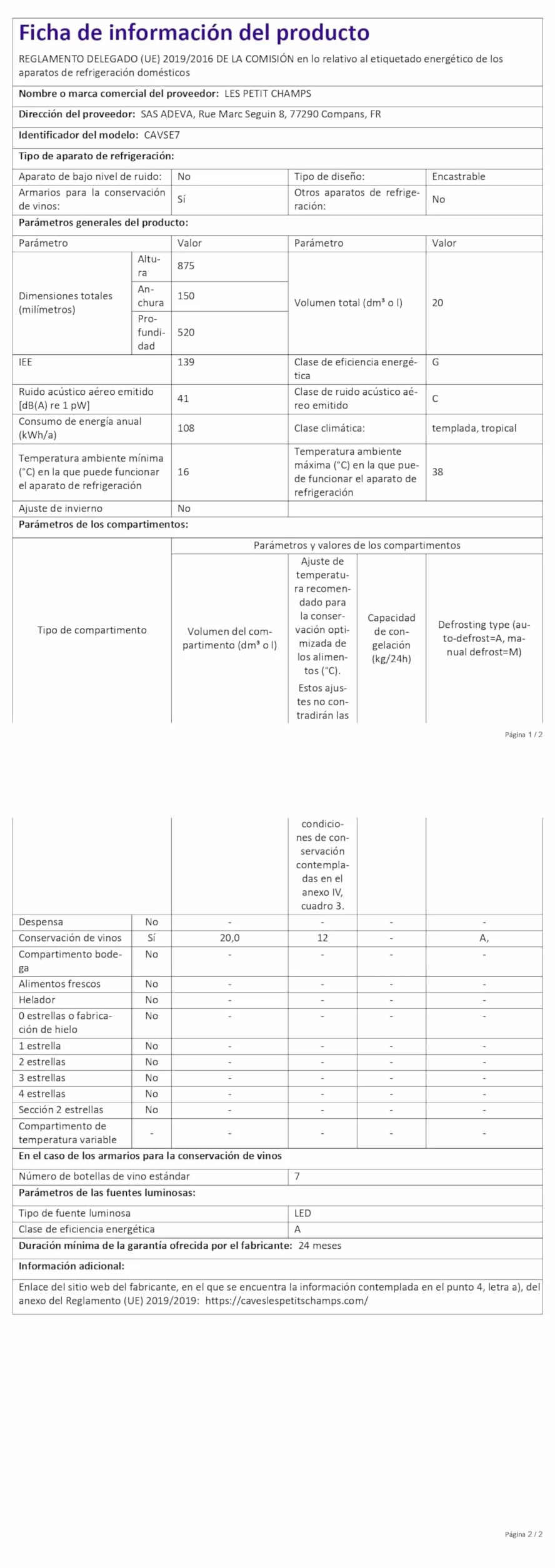 LES PETITS CHAMPS Cantina para 7 botellas CAVSE7 Capacidad de 22L, Puerta de acero inoxidable, Regulación de temperatura de 5°C a 22°C, Iluminación LED, Anti-UV, 6 estantes