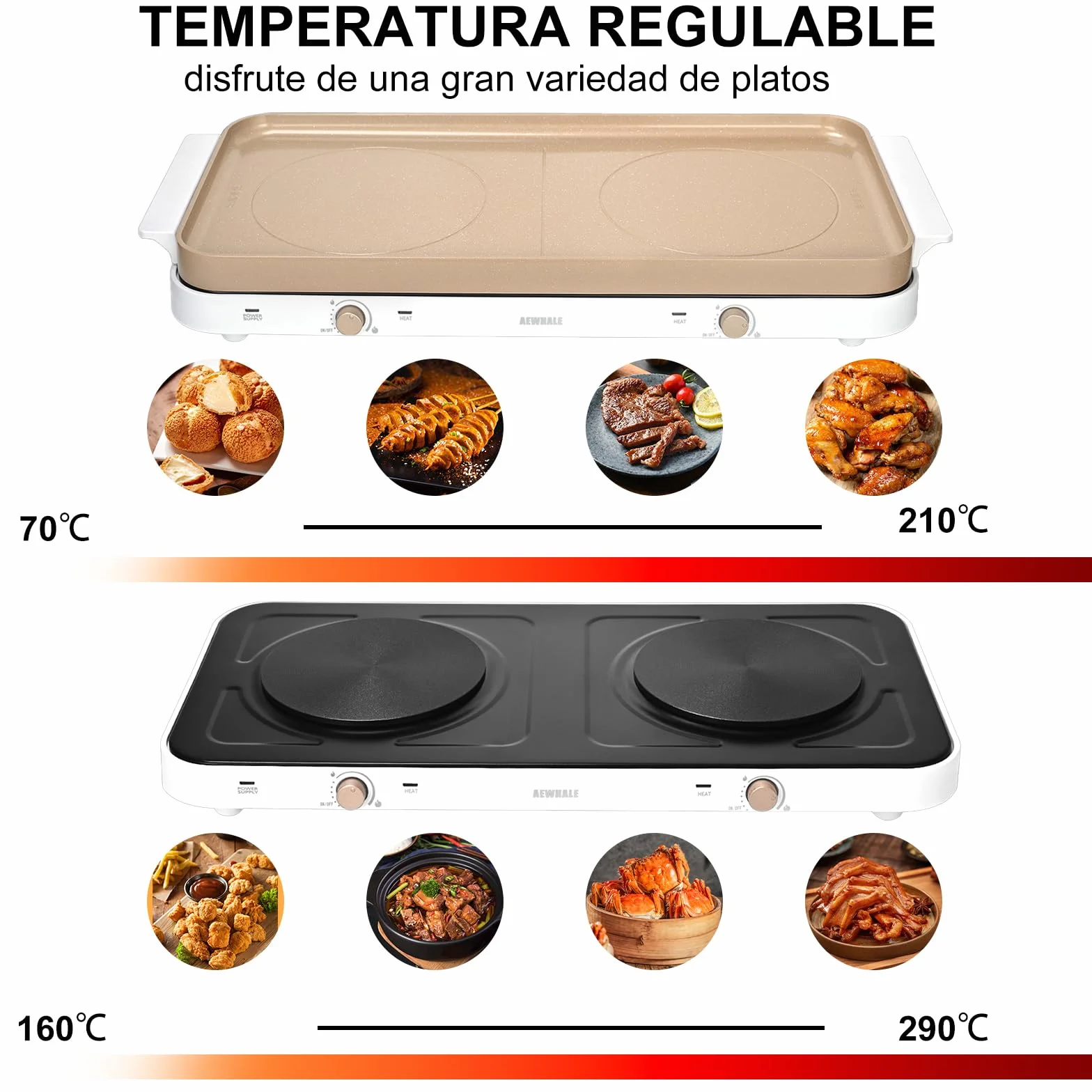 AEWHALE Cocina Eléctrica Portátil doble 2000 W,15.24 Cm de Diámetro, con Una Placa de Cerámica Antiadherente Extraíble y 5 Niveles de Regulación de Temperatura