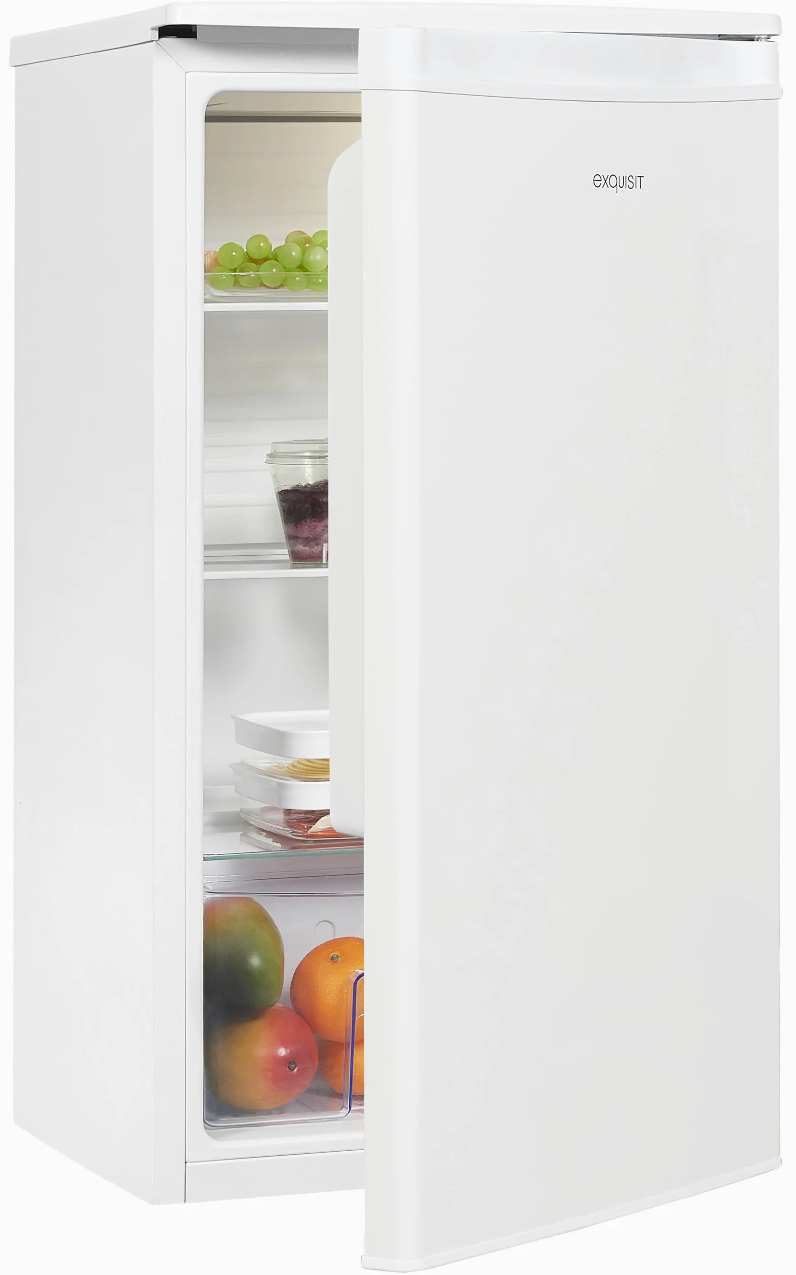 Exquisit® Frigorífico Table Top, 75L, Clase E, Color Blanco, Estantes de Cristal, Puerta Reversible, Tiradores Integrados, Cajón Verdulero, Consumo 84 kWh/año, Medidas 84,3x45x45.4 Cm.