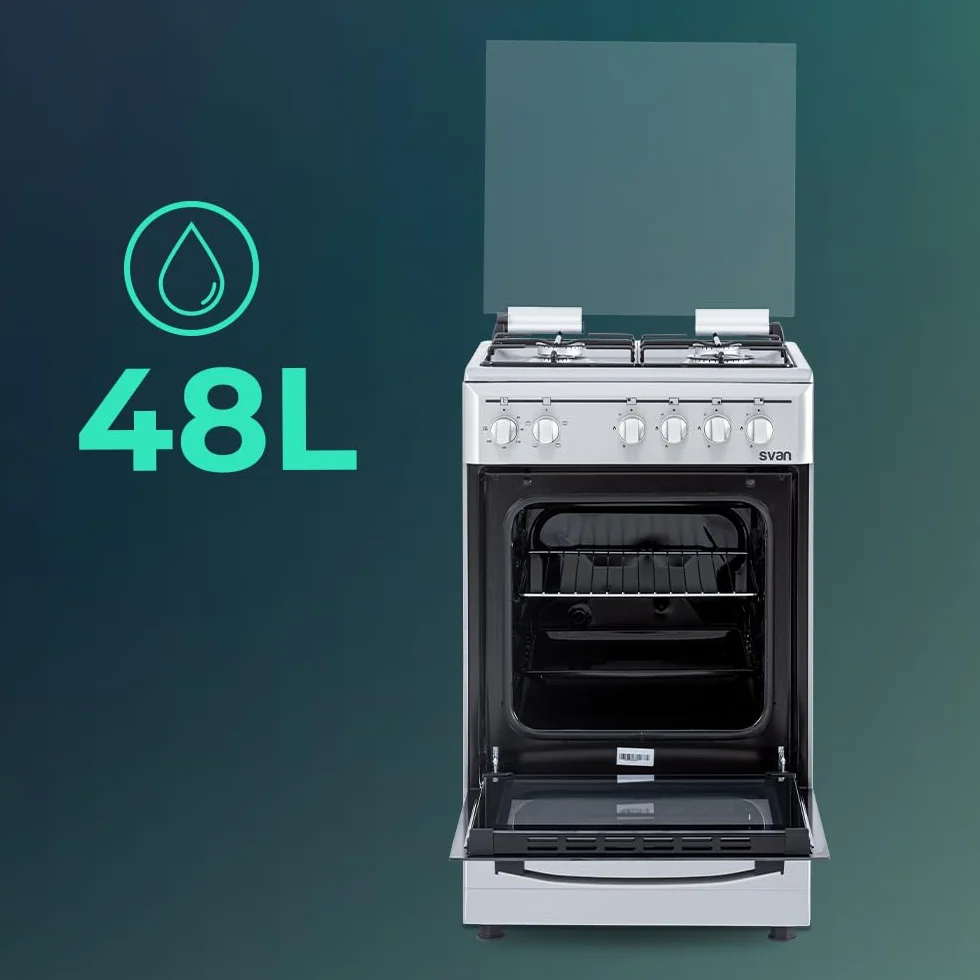 Svan Cocina Mixta Gas Butano 4 Zonas de Cocción, Horno 48 L, Inox SKM4501X. Control Manual, 5 Programas de Cocción, Cristal en Puerta de Doble Capa, Tapa Abatible