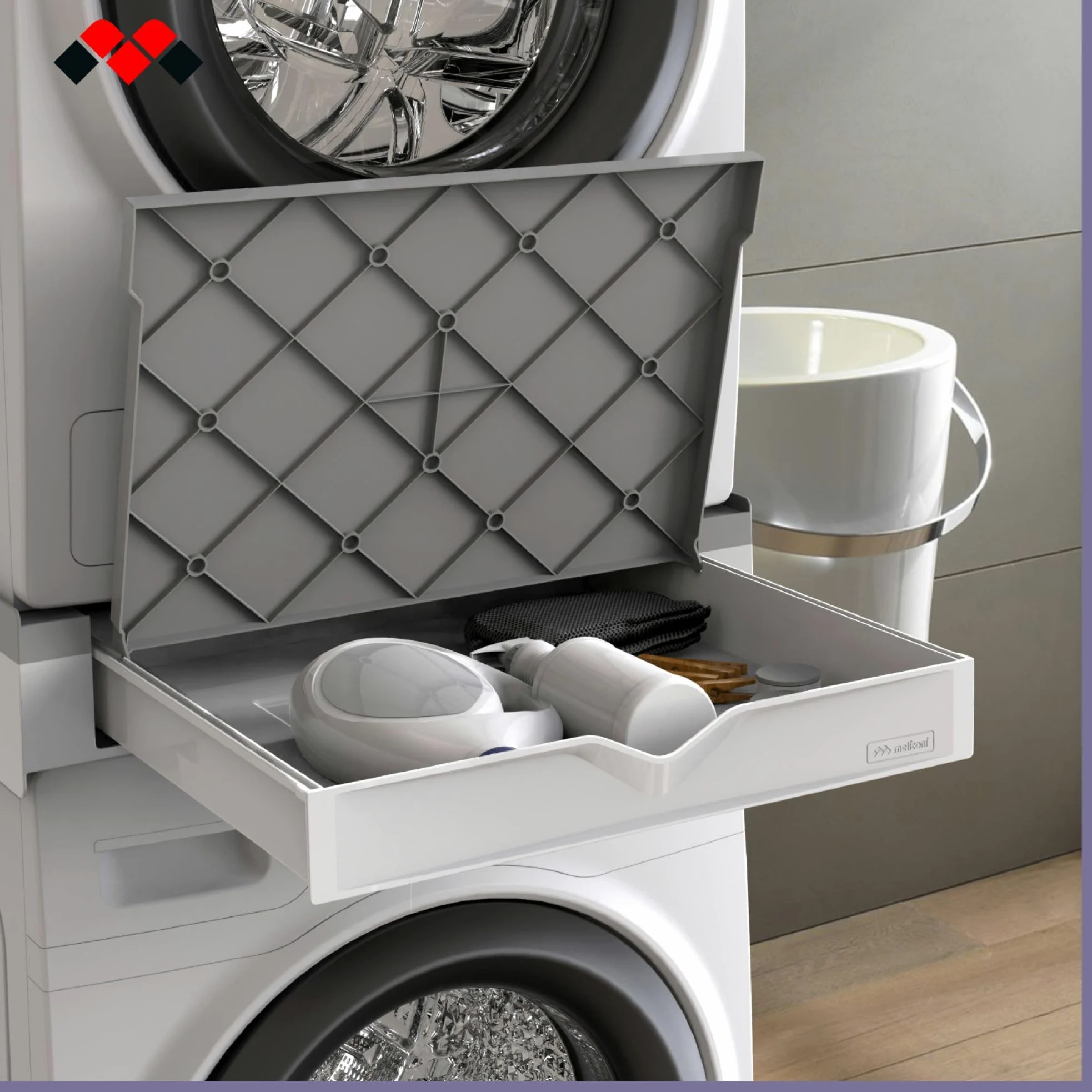 Meliconi Torre Duo, Kit Apilamiento Lavadora Secadora 2 en 1 | Premontado, con Estante de Apoyo y Compartimento de Almacenamiento, Cinta de Seguridad, Capacidad 250kg, Made in Italy, Negro