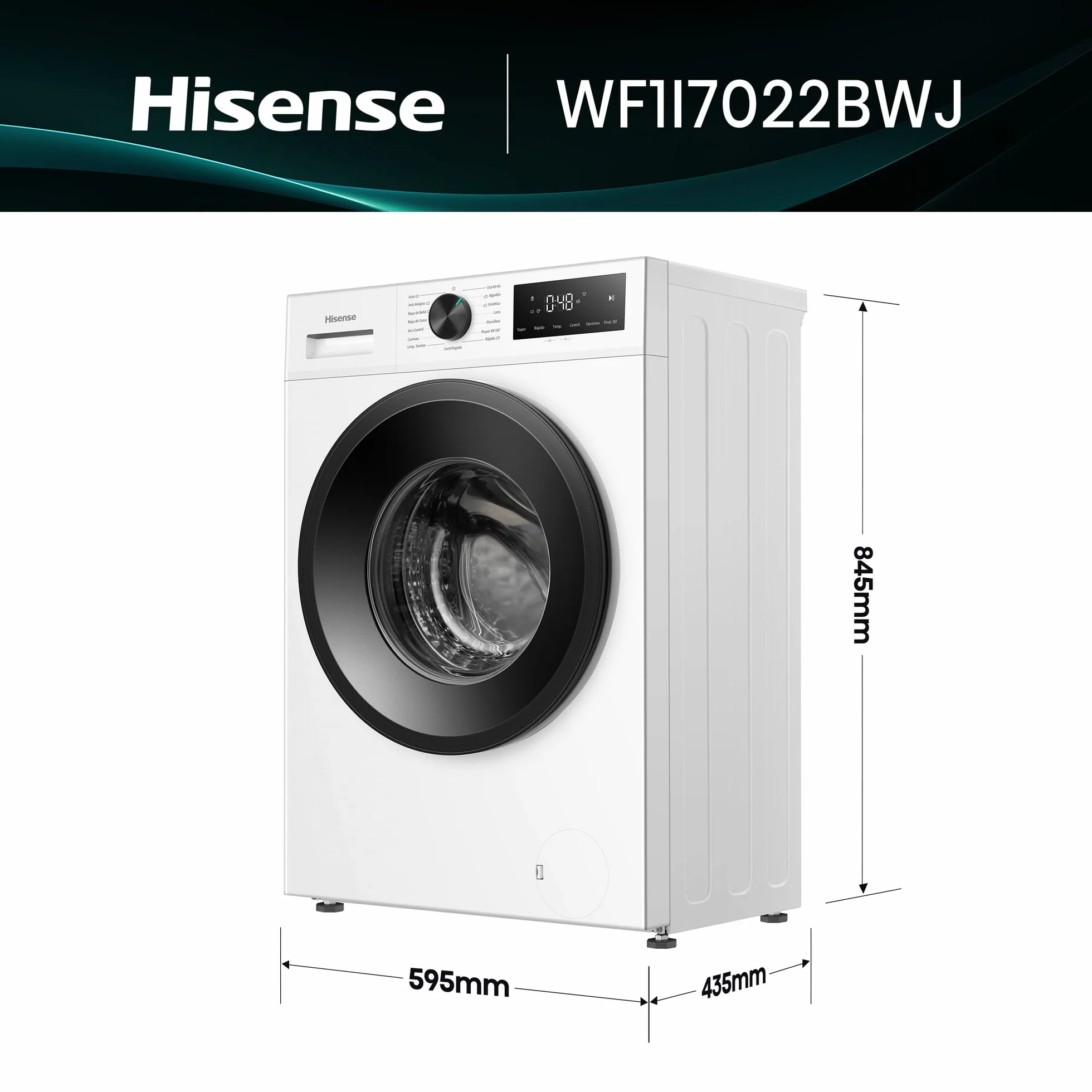 Hisense Lavadora 7Kg 1200 rpm Clase A Fondo 44cm Vapor 99,9% Blanco