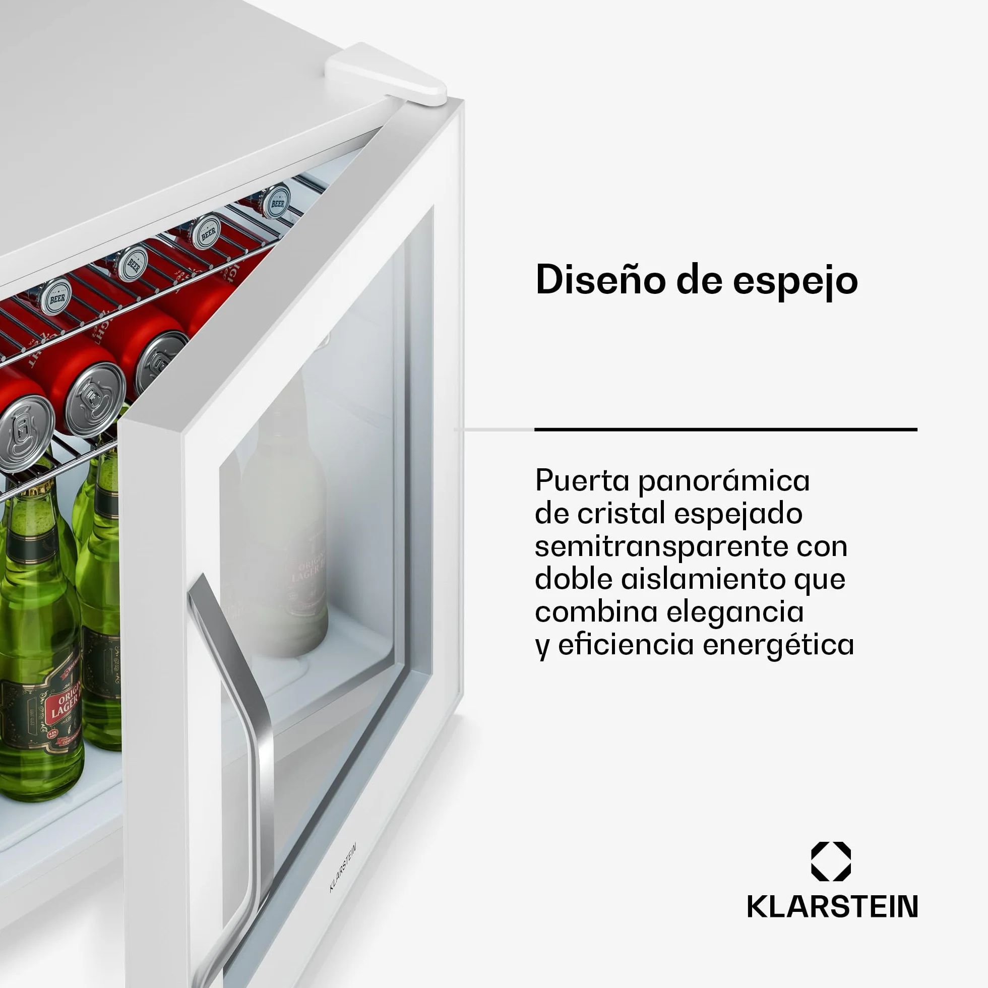 KLARSTEIN Beersafe Nevera para Bebidas - 47L, Puerta de Cristal Espejo, 0-13°C, 2 Estantes Metálicos Extraíbles, Frigorifico para Bebidas, Control Giratorio, Bajo Ruido