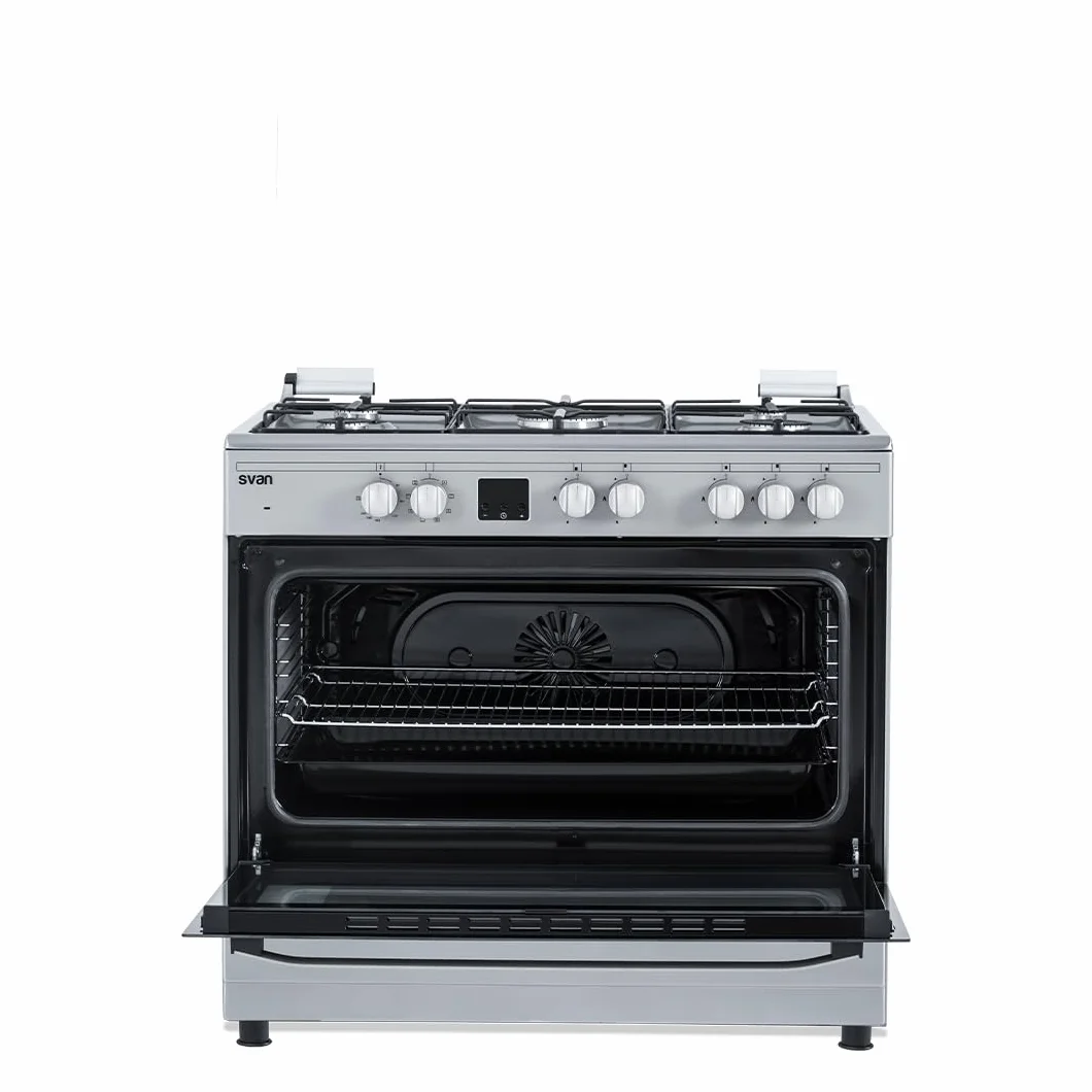 Svan Cocina Mixta gas Butano 5 Zonas de Cocción, Horno 97 L, Inox SKMW5901X. Control Manual, Quemador WOK triple llama, 9 Programas de Cocción, Tapa Abatible