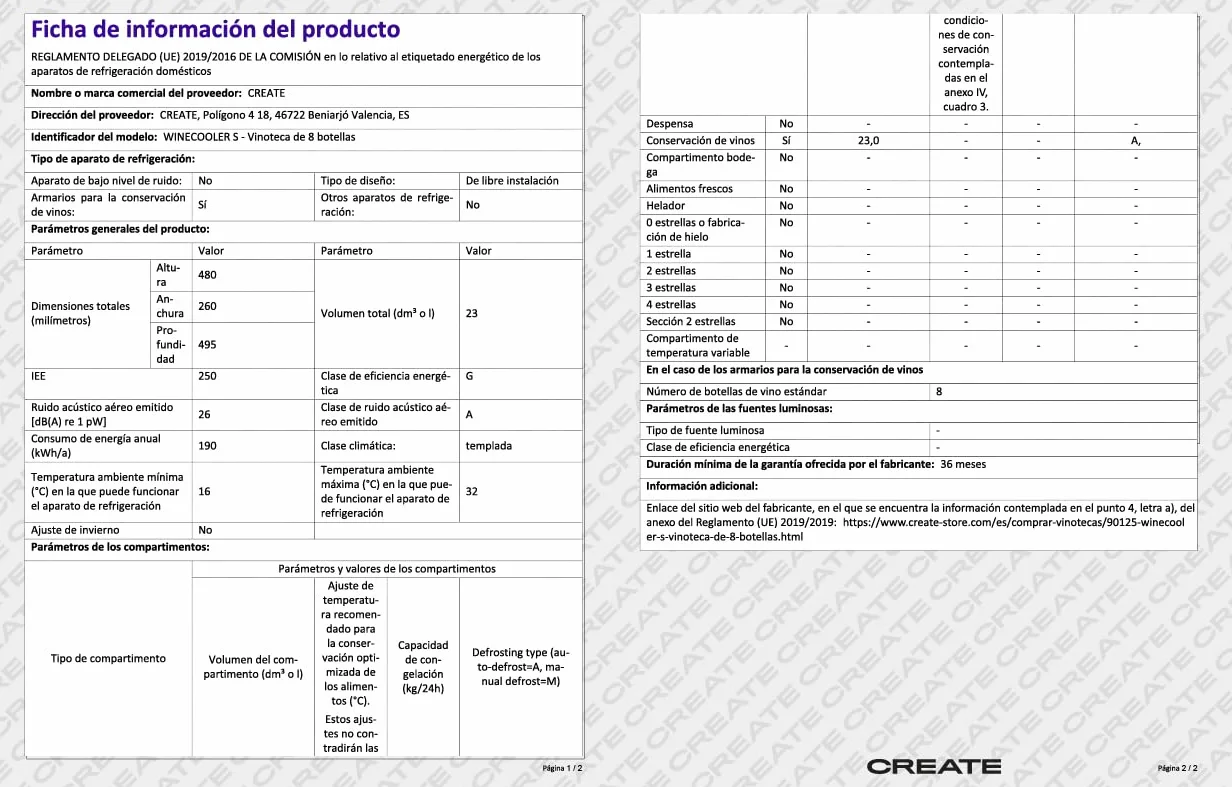 CREATE / WINECOOLER S/Vinoteca de 8 botellas Negra / 23L. 60W Luz LED. Display Digital. 3 Estantes. Doble Aislamiento. Zonas de temperatura de 11-18 grado